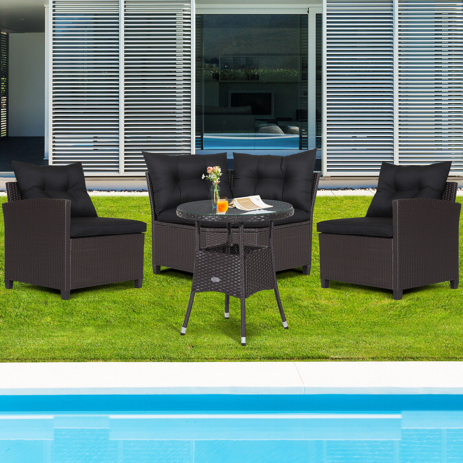LJG 4 Pieces Patio Rattan Furniture Set Cushioned Sofa Glass Table