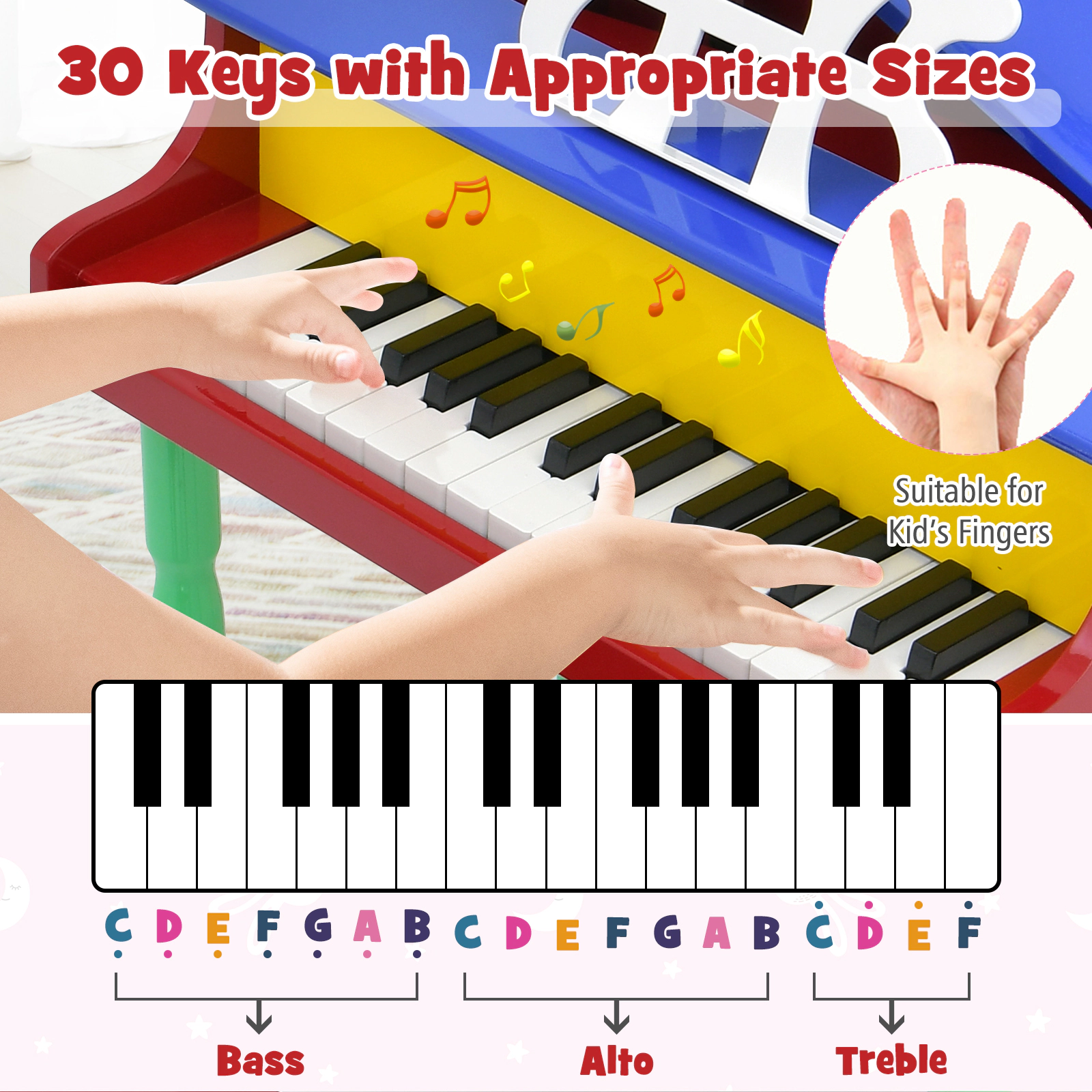 SUGIFT 30-Key Wood Toy Kids Grand Piano with Bench and Music Rack Ages 3-8 Years Multicolor