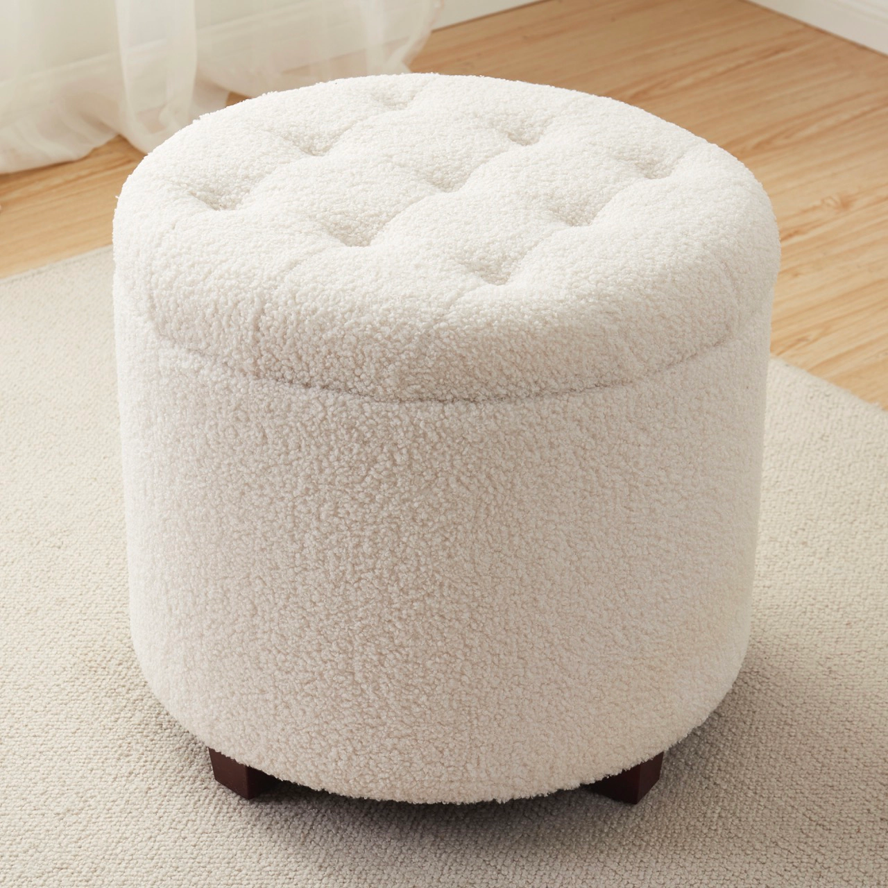 Ornavo Home White Boucle Round Tufted Storage Ottoman with Wooden Legs