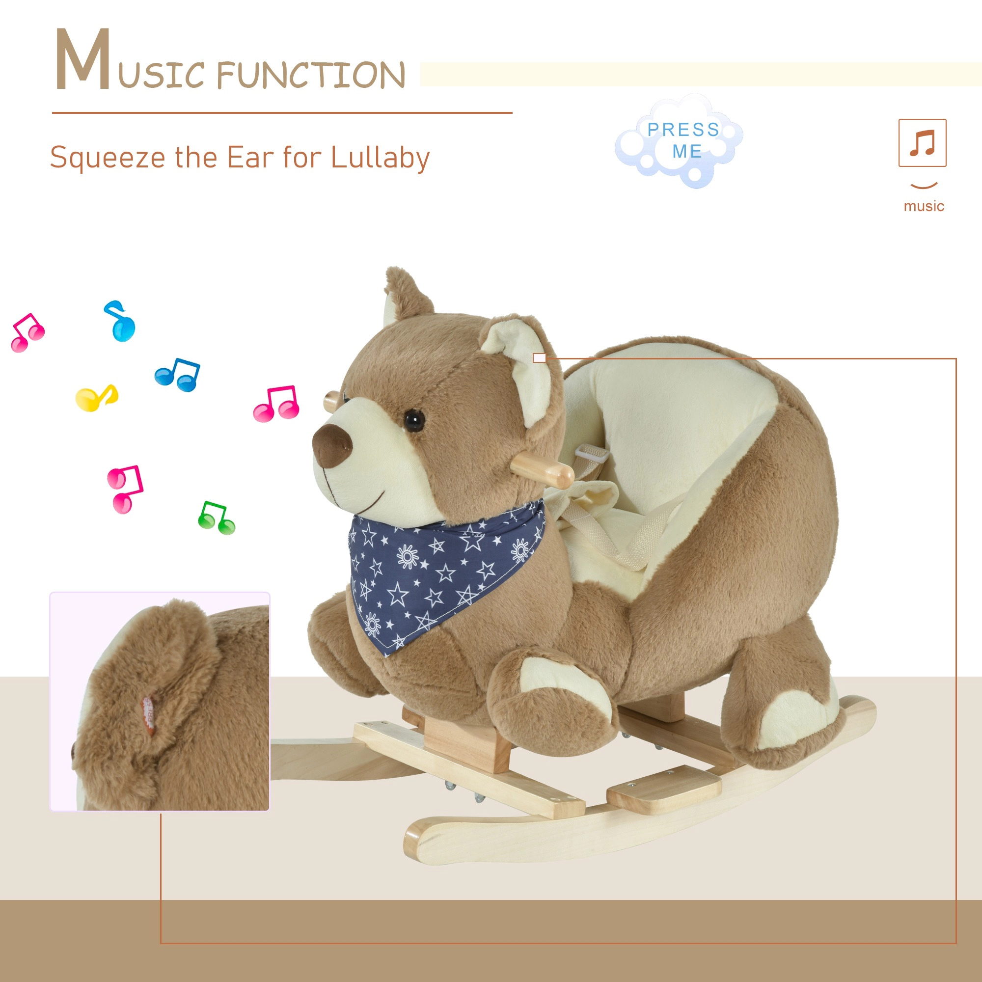 HONGGE Bear-Themed Baby Rocking Horse with Lullaby Sound, Poplar Wood Base and Safety Belt, 18-36 Months