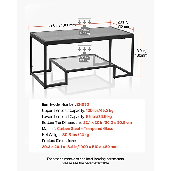 HONGGE Coffee Table Modern Tempered Glass Coffee Table with 2 Tiers Rectangle Glass Center Desk with Open Storage