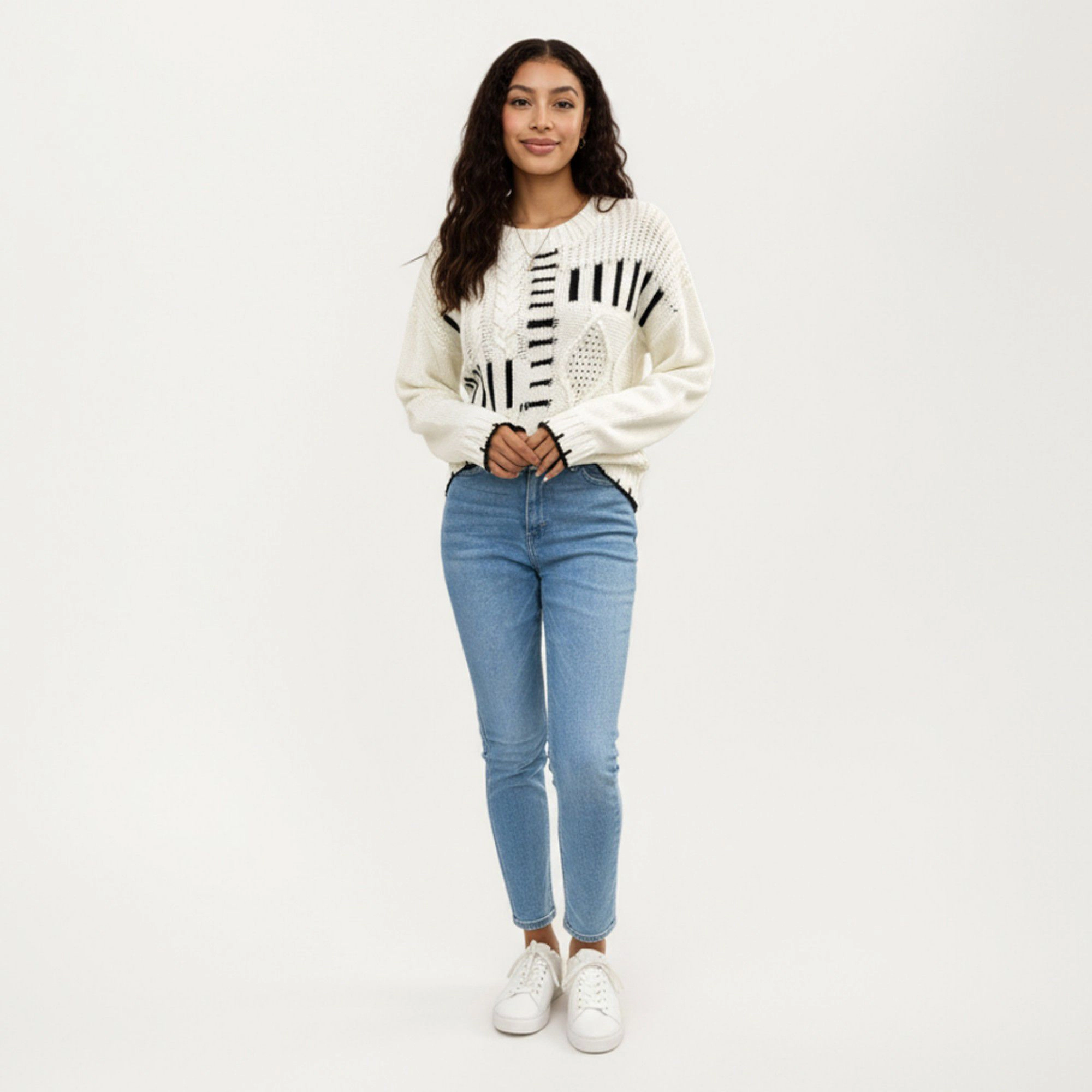 Anna-Kaci Women's Patchwork Cable Knit Sweater with Contrast Stitching Ribbed Trim