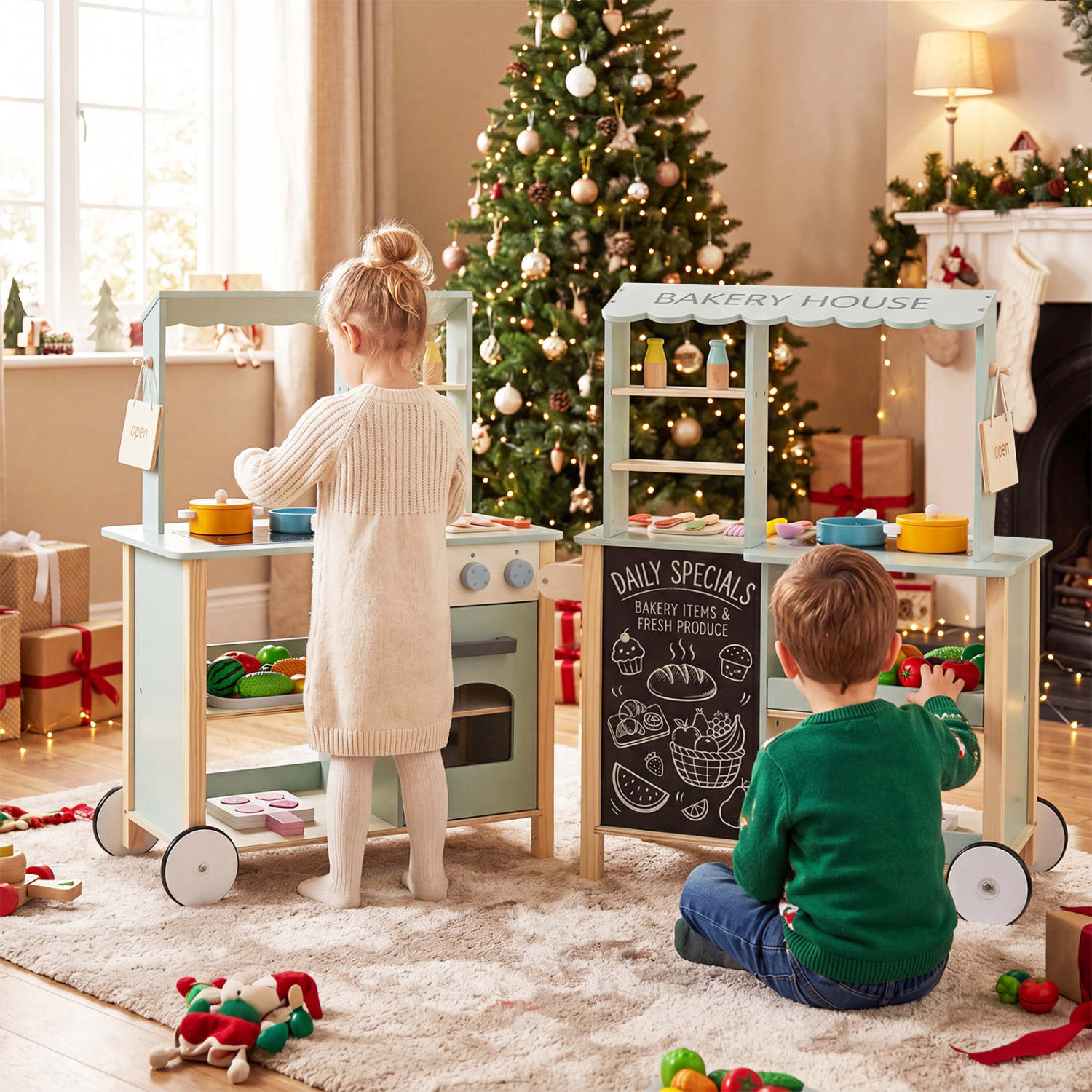 LJG Wooden Kitchen Playset with Cookware Accessories for Kids