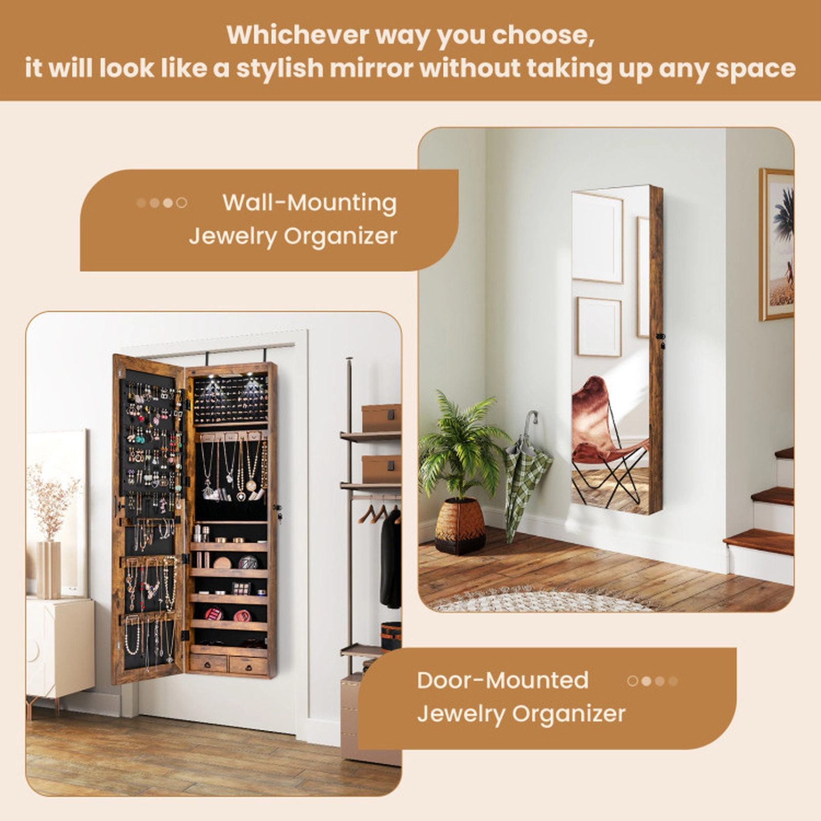 SUGIFT Wall Door Mounted Full-Length Mirror 2 LED Lights Jewelry Cabinet Armoire 14-in x 4-in x 54.5-in Rustic Brown