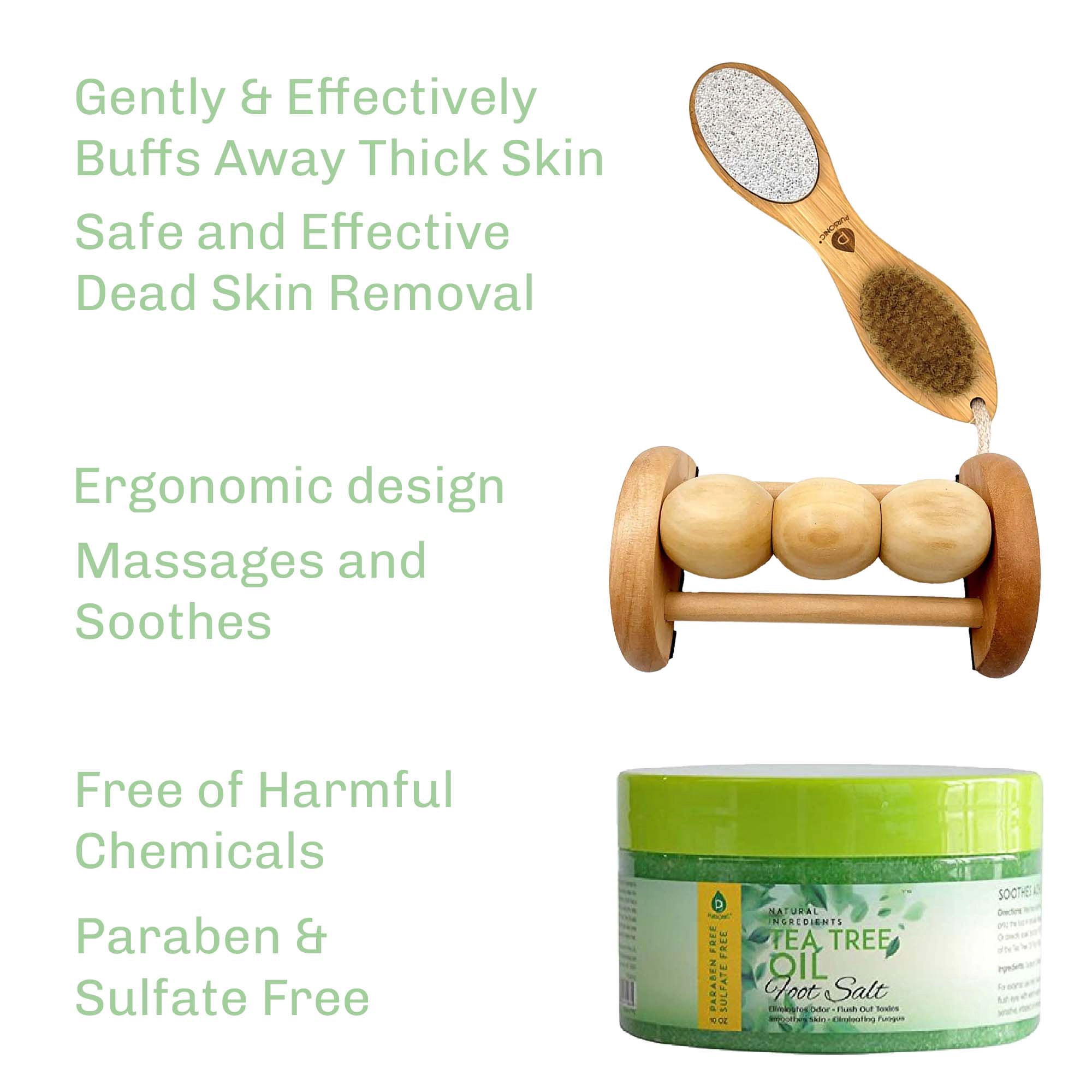 Pursonic Unisex Foot Therapy & Spa Care Bundle – Wooden Foot Massager Roller, 4-in-1 Exfoliating Foot Scrubber & Tea Tree Oil Foot Soak Set