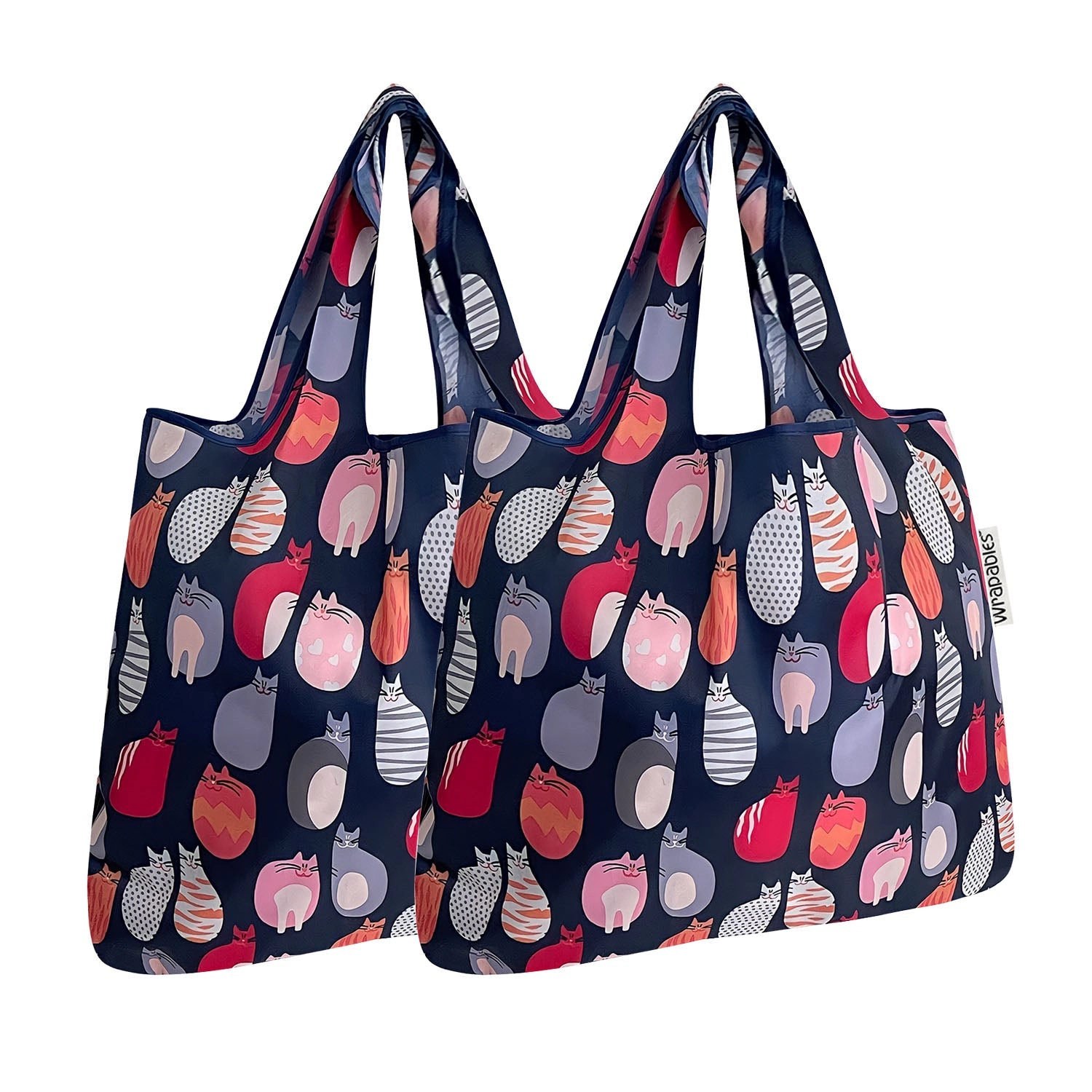 Wrapables Nylon Reusable Shopping Bags for Groceries (Set of 2) M, Stylish Kitties
