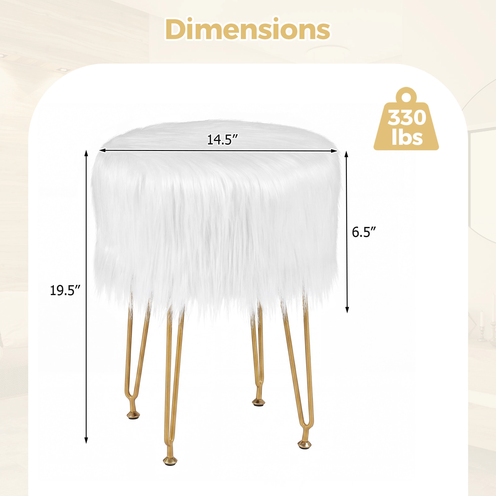 SUGIFT Faux Fur Vanity Stool Chair with Metal Legs 330-lb Capacity White