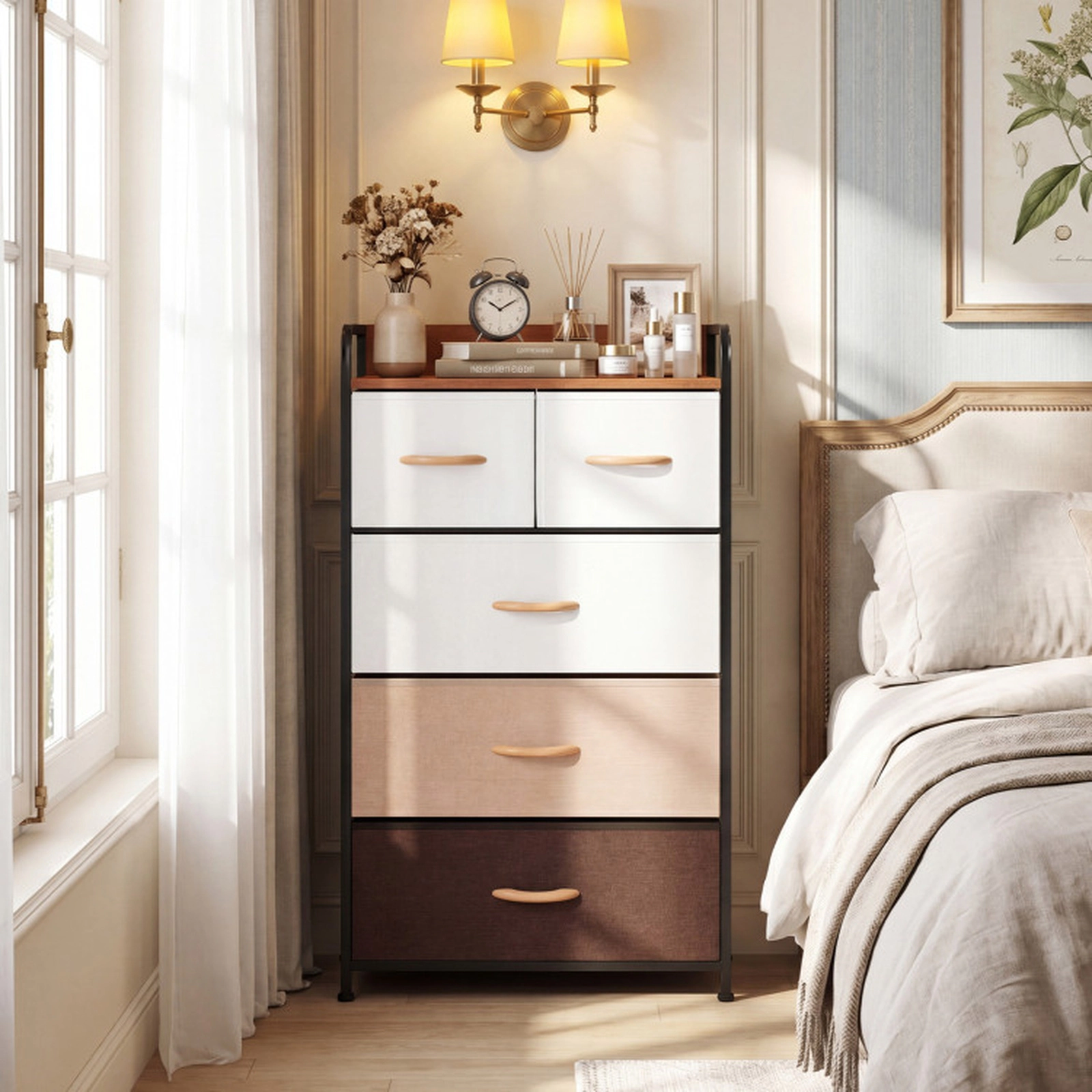 SUGIFT Multicolor Removable Bins and Raised-Edge Top 5-Drawer Fabric Dresser