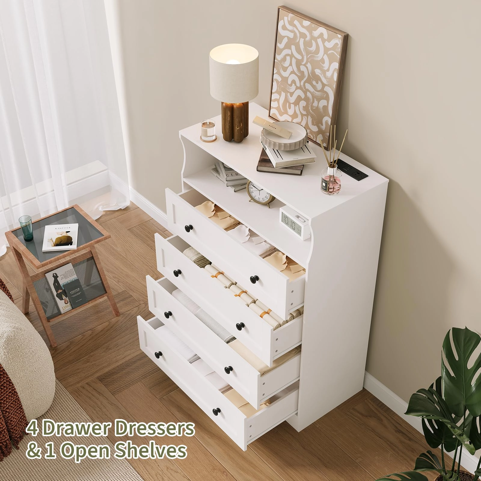 45.2" Tall 4 Drawer Dresser with LED Shelf & Charging Station, Wood Storage Chest