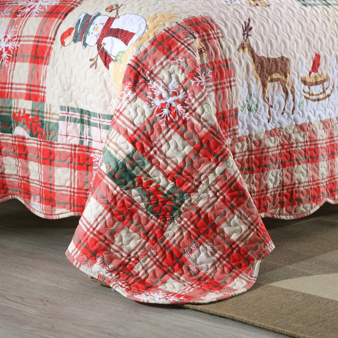 MarCielo 3 Piece Christmas Quilt Set Lightweight Holiday Plaid Patchwork Bedspread Set