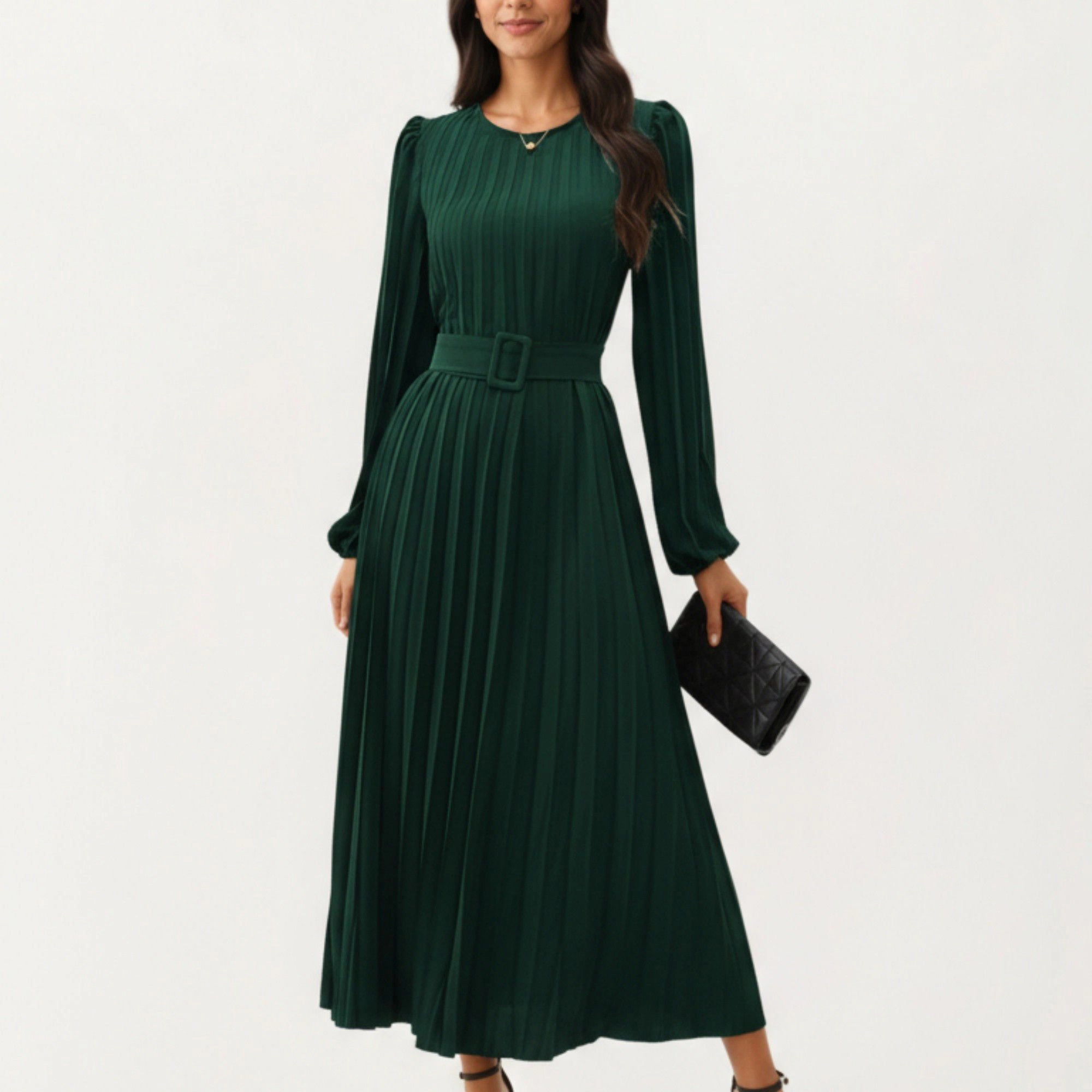Anna-Kaci Womens Pleated Belted Crew Neck Midi Dress