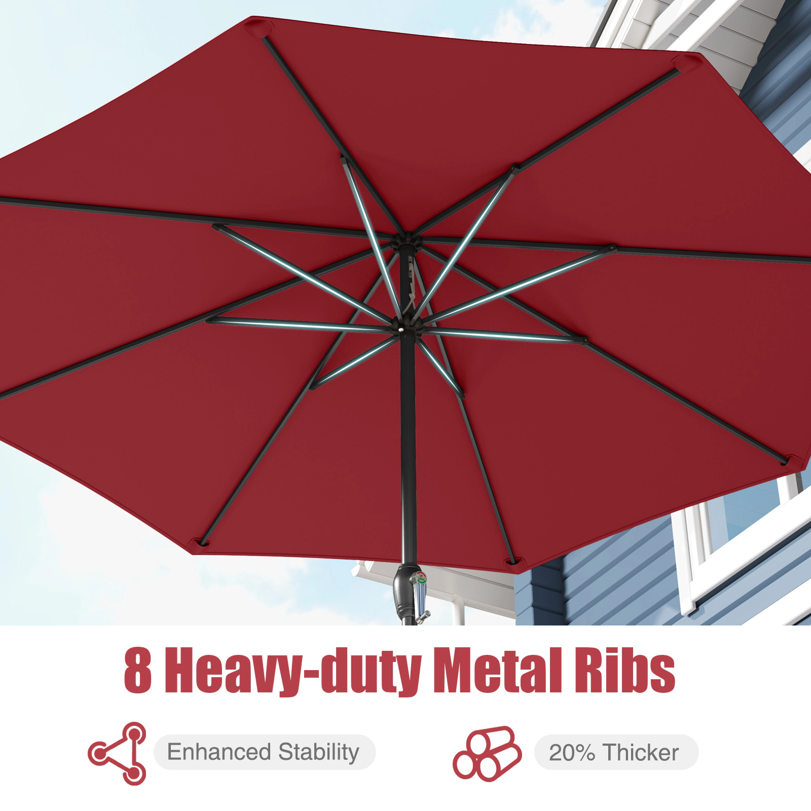 SUGIFT 8.5-ft Red Market Patio Umbrella with Crank, 8 Ribs and Vented Top