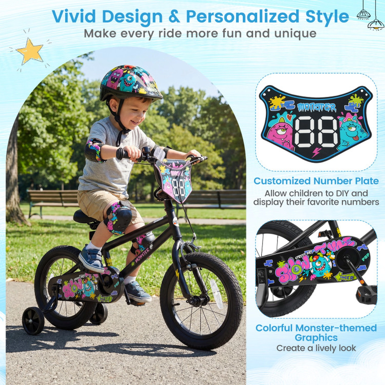 SUGIFT 14-Inch Kids Bike with Detachable Training Wheels 110-lb Capacity Ages 3-5 Years Black