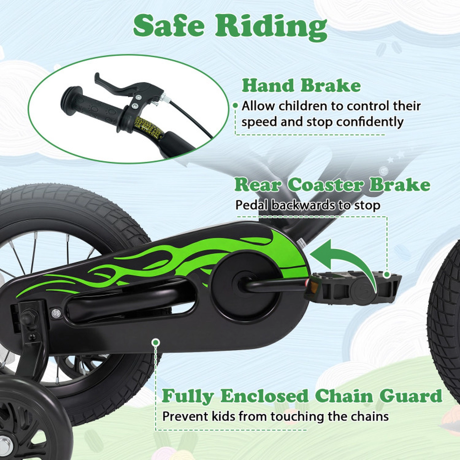 SUGIFT Motorcycle-Inspired 12-Inch Kids Bicycle with Training Wheels 143-lb Capacity Ages 3-4 Years 36-in Frame Black