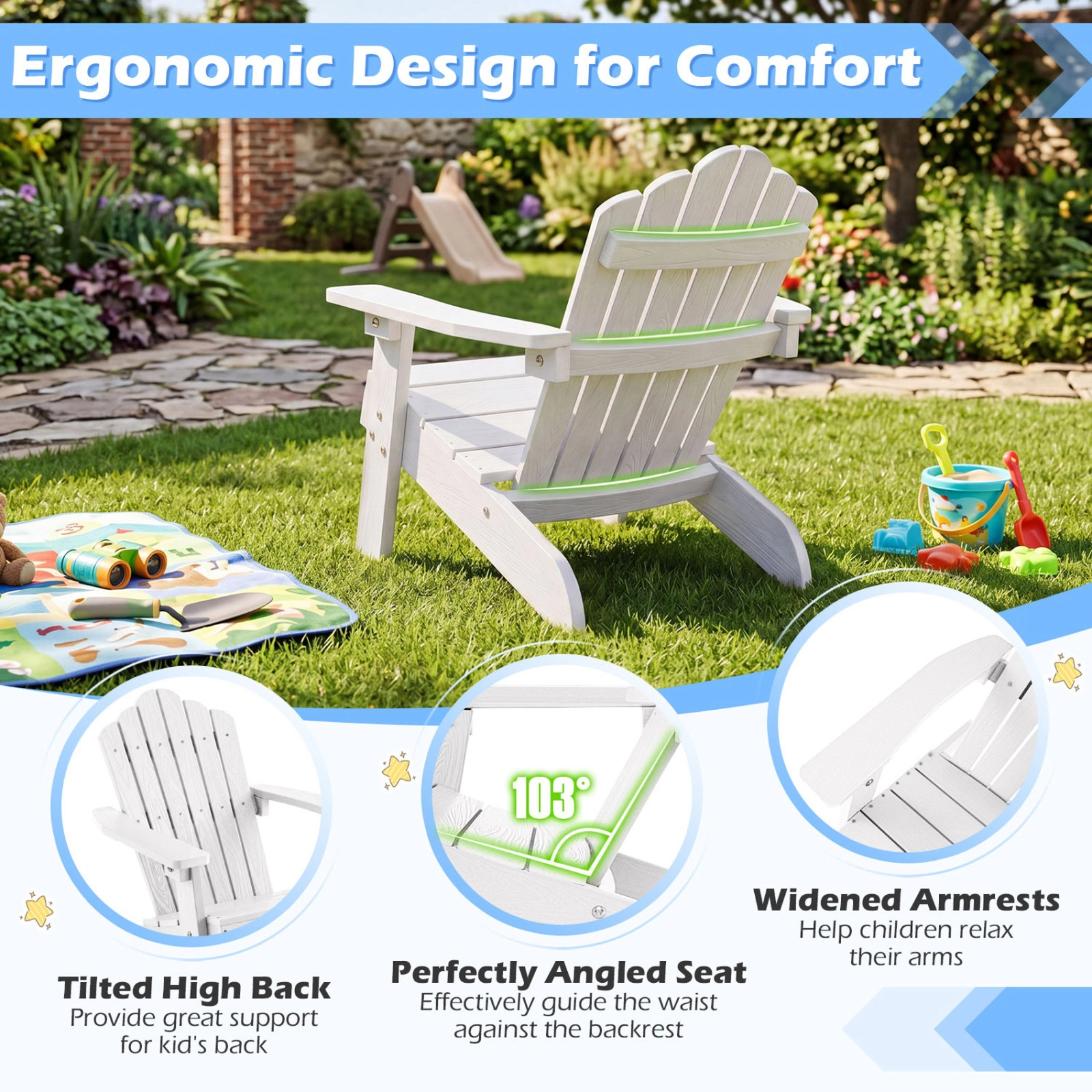 SUGIFT All-Weather HIPS Kids Adirondack Outdoor Chair 165-lb Capacity Ages 3-7 11.5-lb Single Chair White