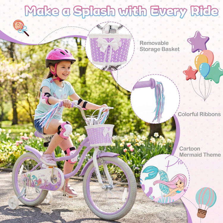 Hivvago Kids Bike Adjustable with Basket and Streamers Purple - Princess of the Sea Theme
