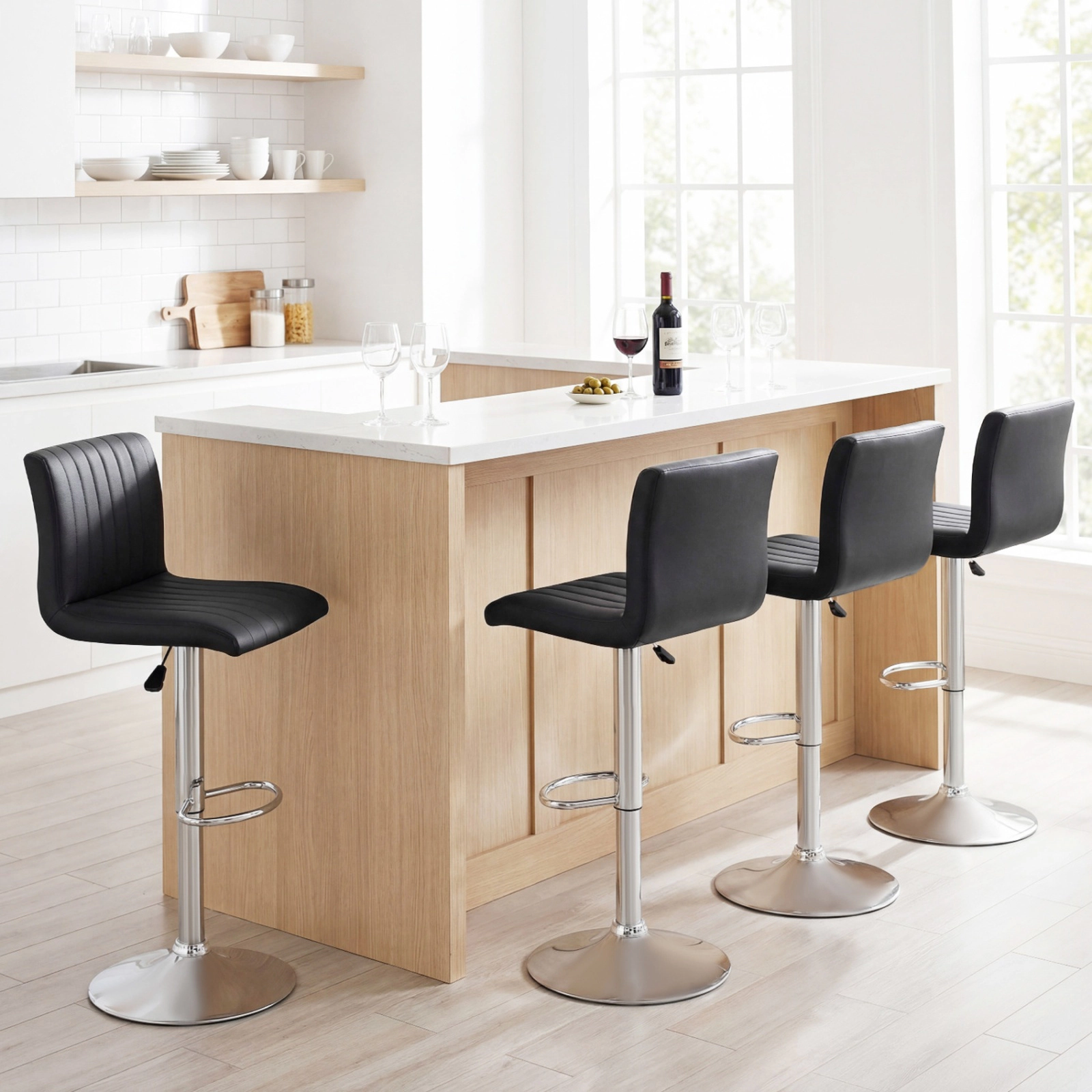 SUGIFT Set of 2 Black Adjustable Swivel Bar Stools, Faux Leather, Chrome Base