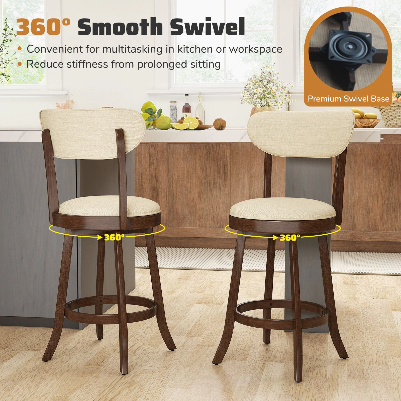 SlickBlue Set of 2 Swivel Counter Height Bar Stools with Linen Upholstered Seat Set