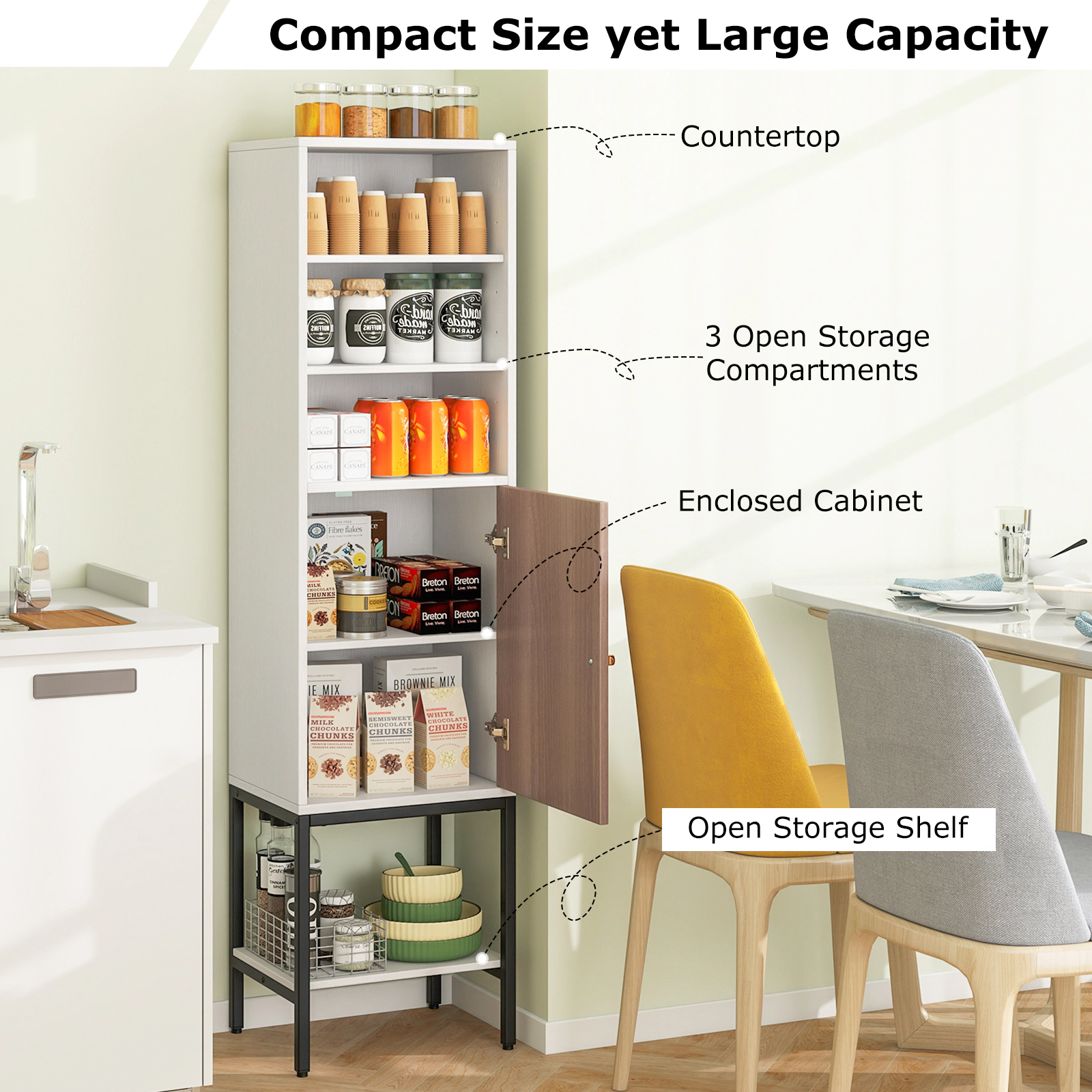 SUGIFT White 57-in 165-lb Capacity Narrow Bathroom Storage Cabinet with 1 Door 3 Open Compartments and Countertop