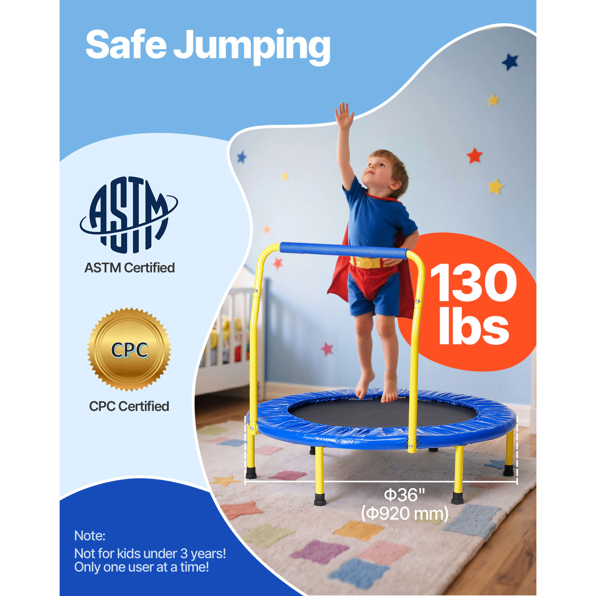HONGGE 36-Inch Foldable Toddler Trampoline with Foam Handle, Mini Kids Trampoline, 132 lbs Capacity, Indoor Outdoor