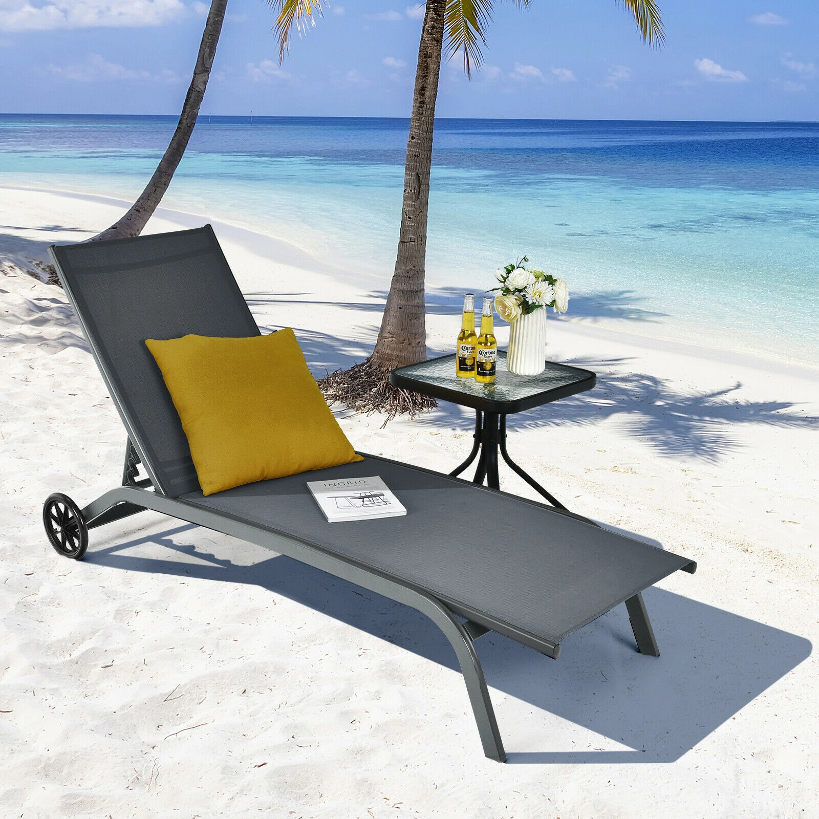 SUGIFT 6-Position Outdoor Chaise Recliner, Gray, Wheels, Quick-Drying Fabric, Steel Frame