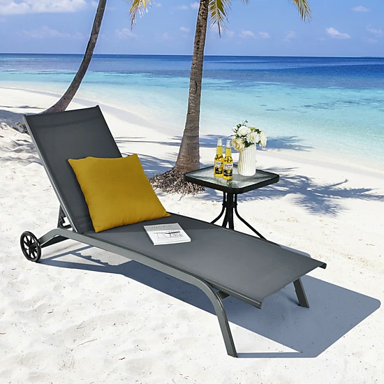 SUGIFT 6-Position Outdoor Chaise Recliner, Gray, Wheels, Quick-Drying Fabric, Steel Frame