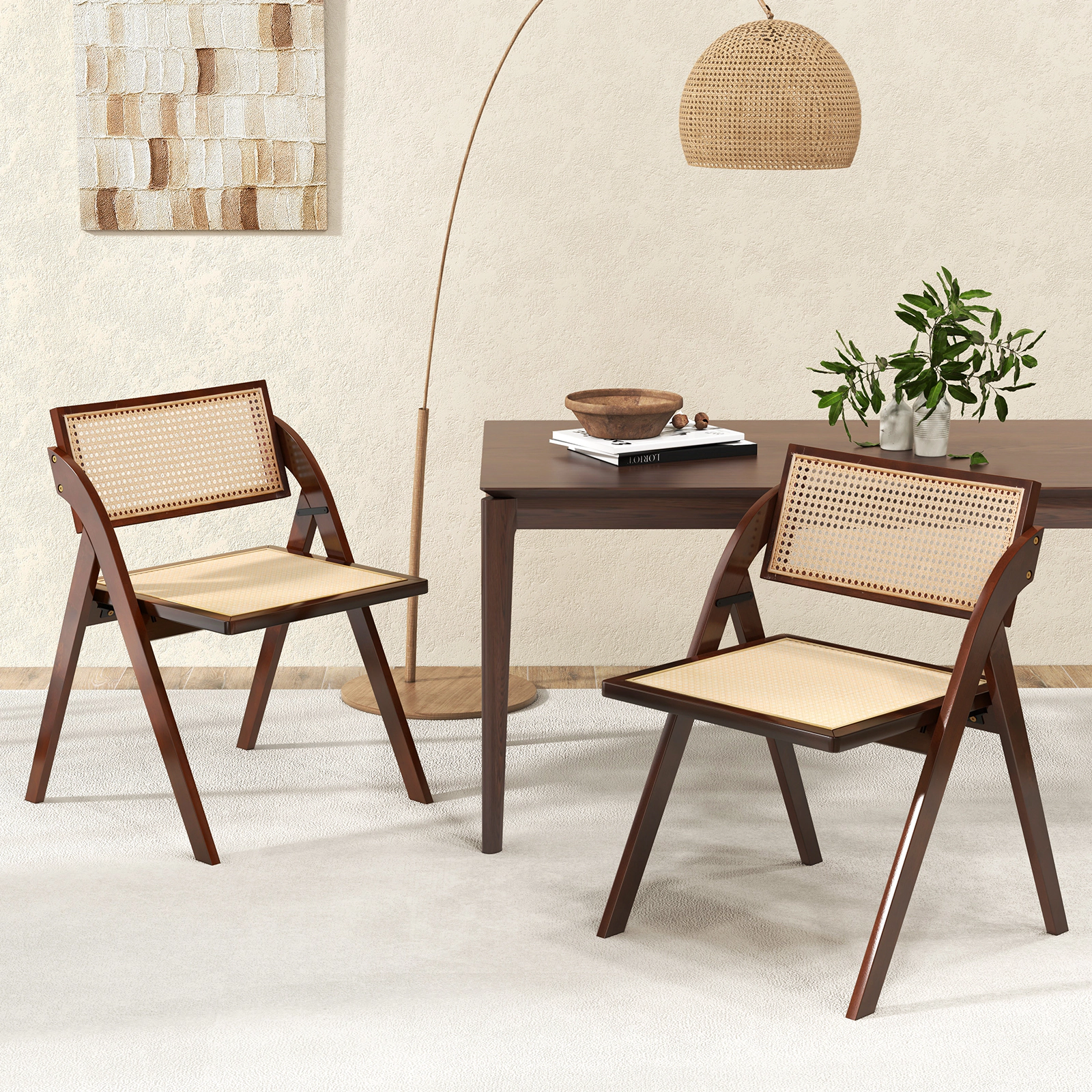 LJG Foldable Dining Chairs Set of 2 with Woven Rattan Backrest