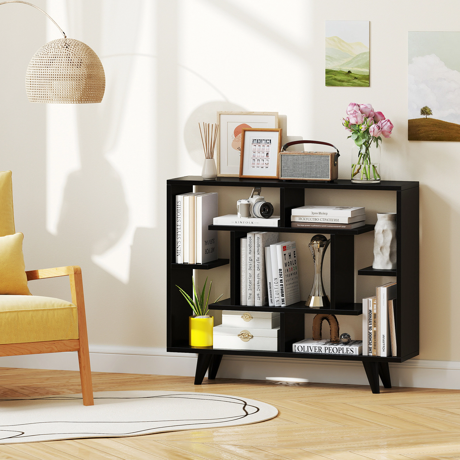 Costway Bookshelf Geometric Bookcase w/ Anti-Tipping Kit Storage Shelving Unit White