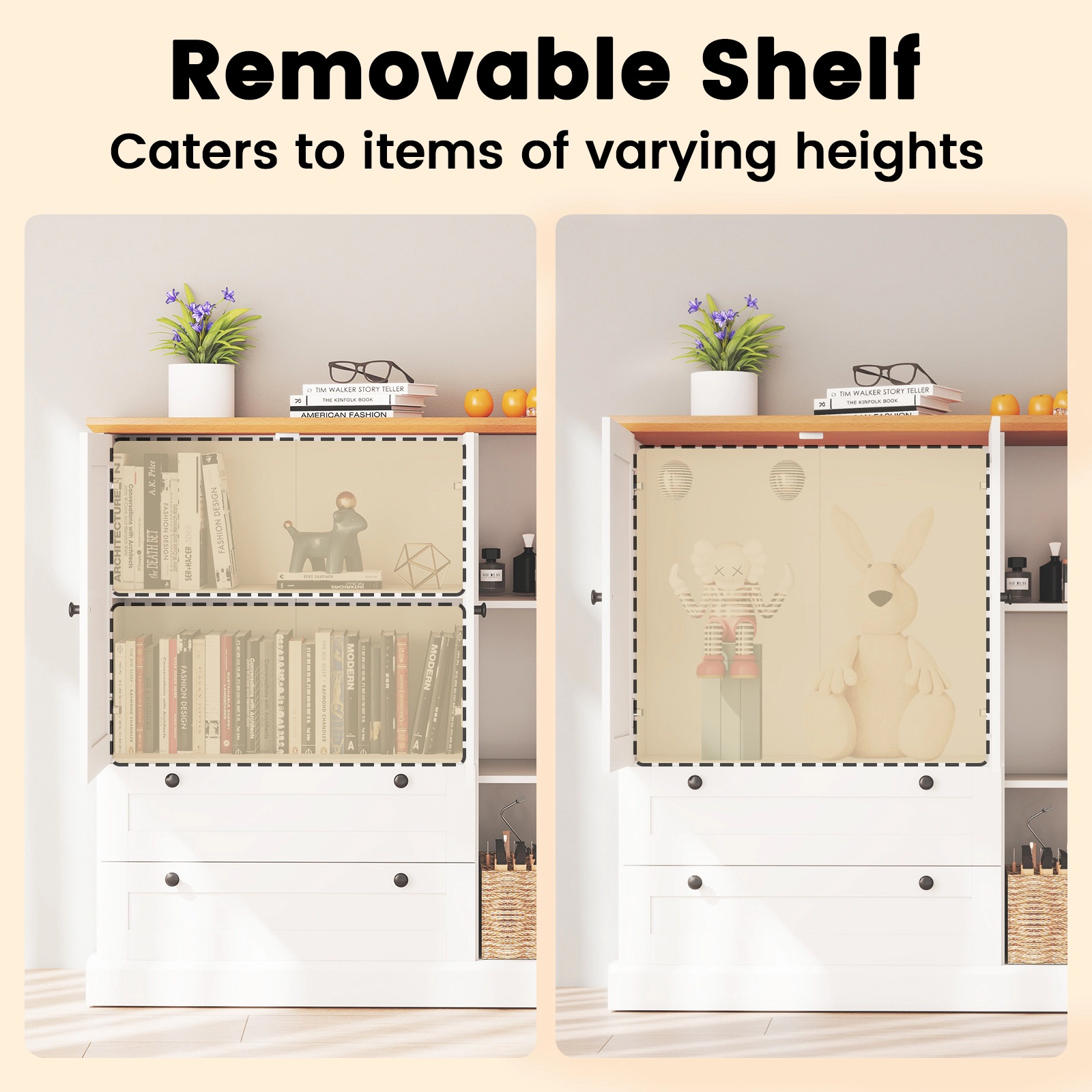 Glintex 47.5-Inch Storage Cabinet with 3 Doors and 2 Wide Drawers, White + Natural