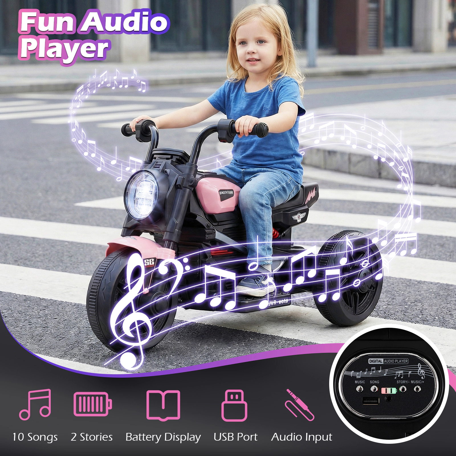 SUGIFT 6V 3-Wheel Electric Ride-On Motorcycle with LED Headlight and Music 66-lb Capacity Ages 3-5 Pink & Black