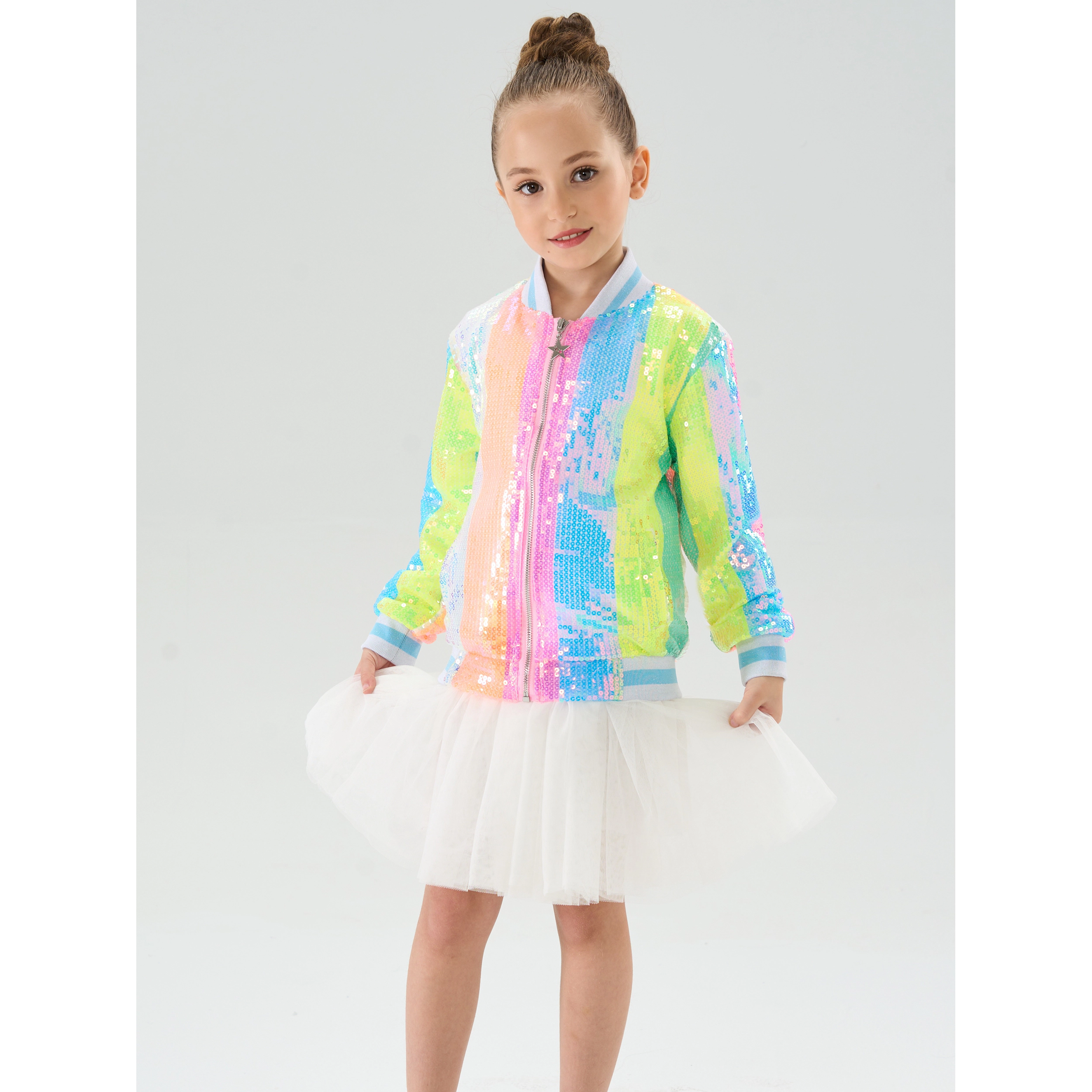 2Bunnies Girls’ Neon Pastel Stripe Sequin Bomber Jacket