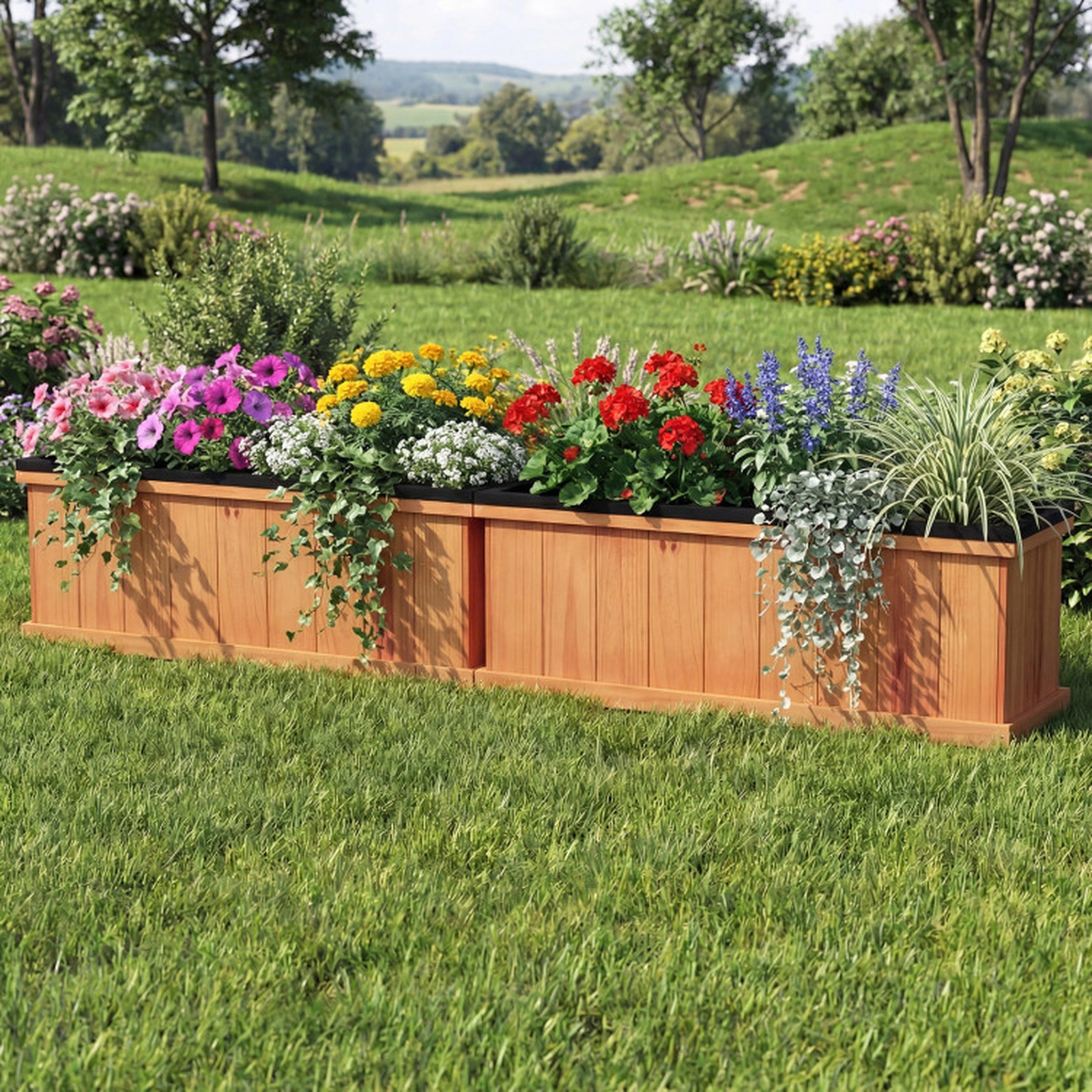 SUGIFT 88-lb Capacity 28-in Pine Wood Raised Garden Bed Planter Box with Drainage Holes Liner and Detachable Base