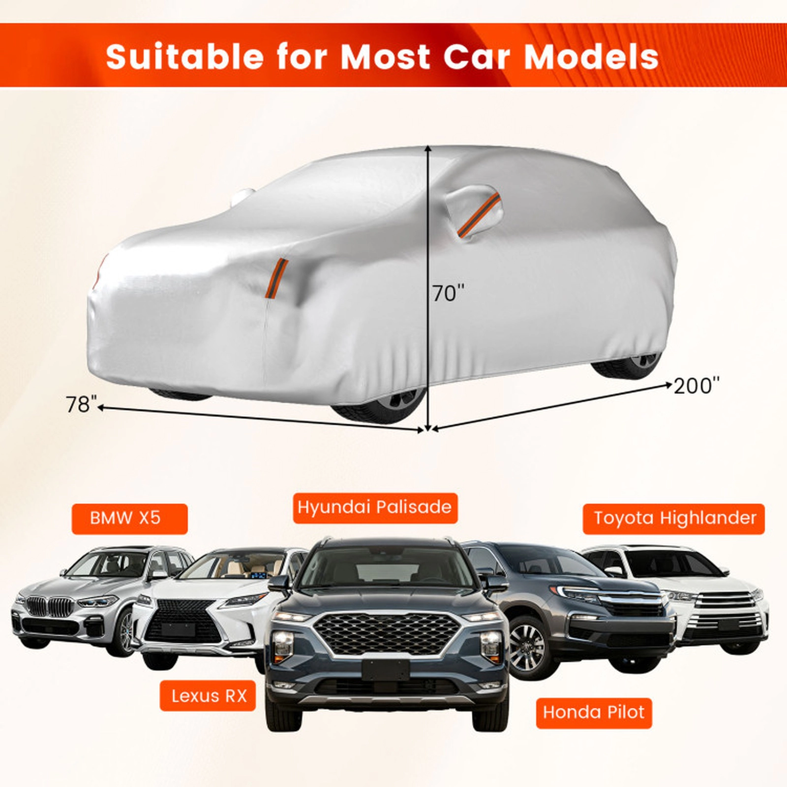 SUGIFT Silver Waterproof SUV Car Cover with Windproof Buckles and 6 Reflective Strips 200-in W 78-in D 70-in H
