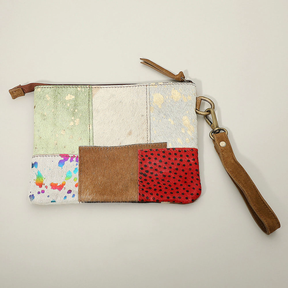 FASHNZFAB Genuine Leather Cowhide Calf Fur Patchwork Wristlet Pouch Clutch Bag