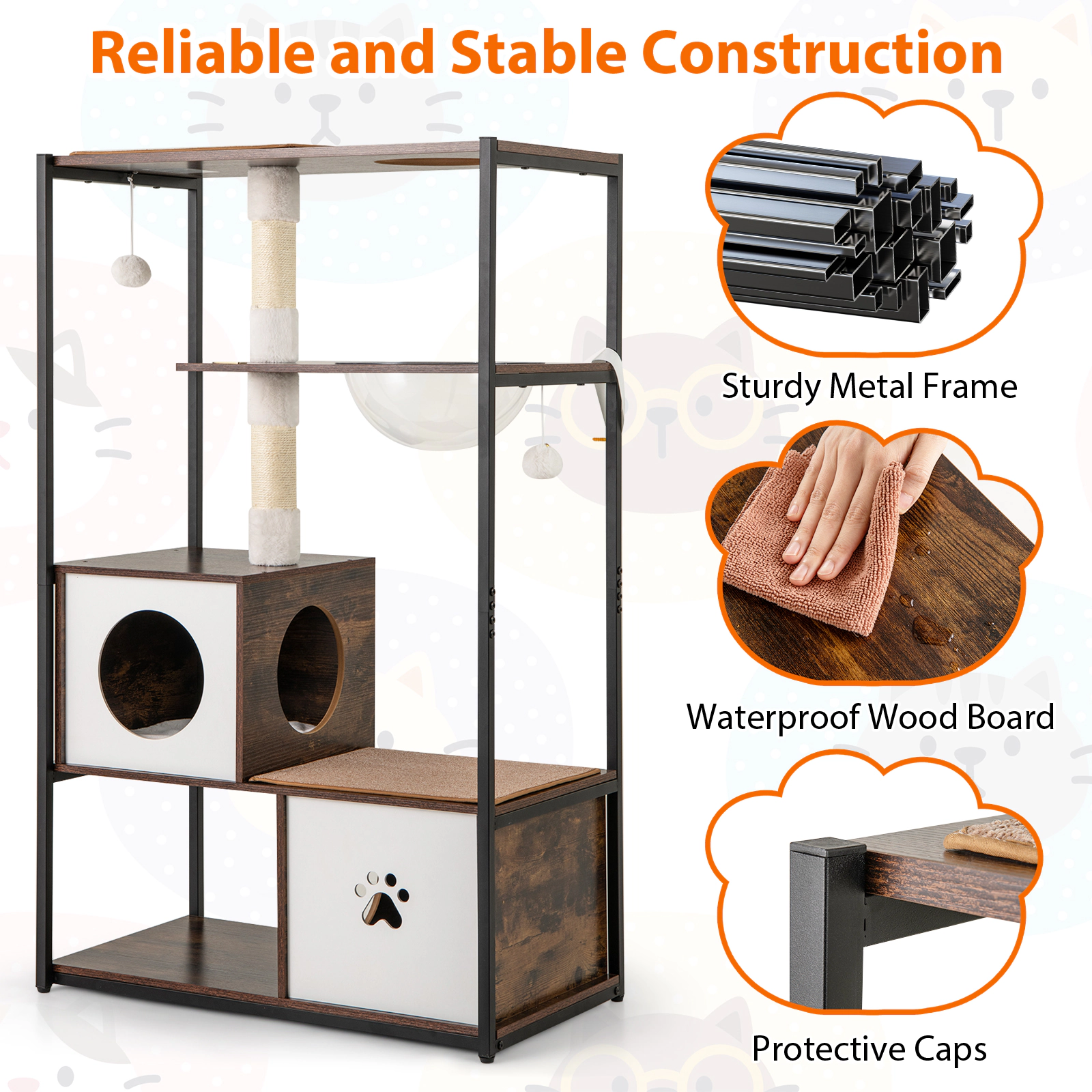 Glintex 52-Inch Metal Frame Cat Tree with 2 Condos Space Capsule and Top Cat Hole, Coffee