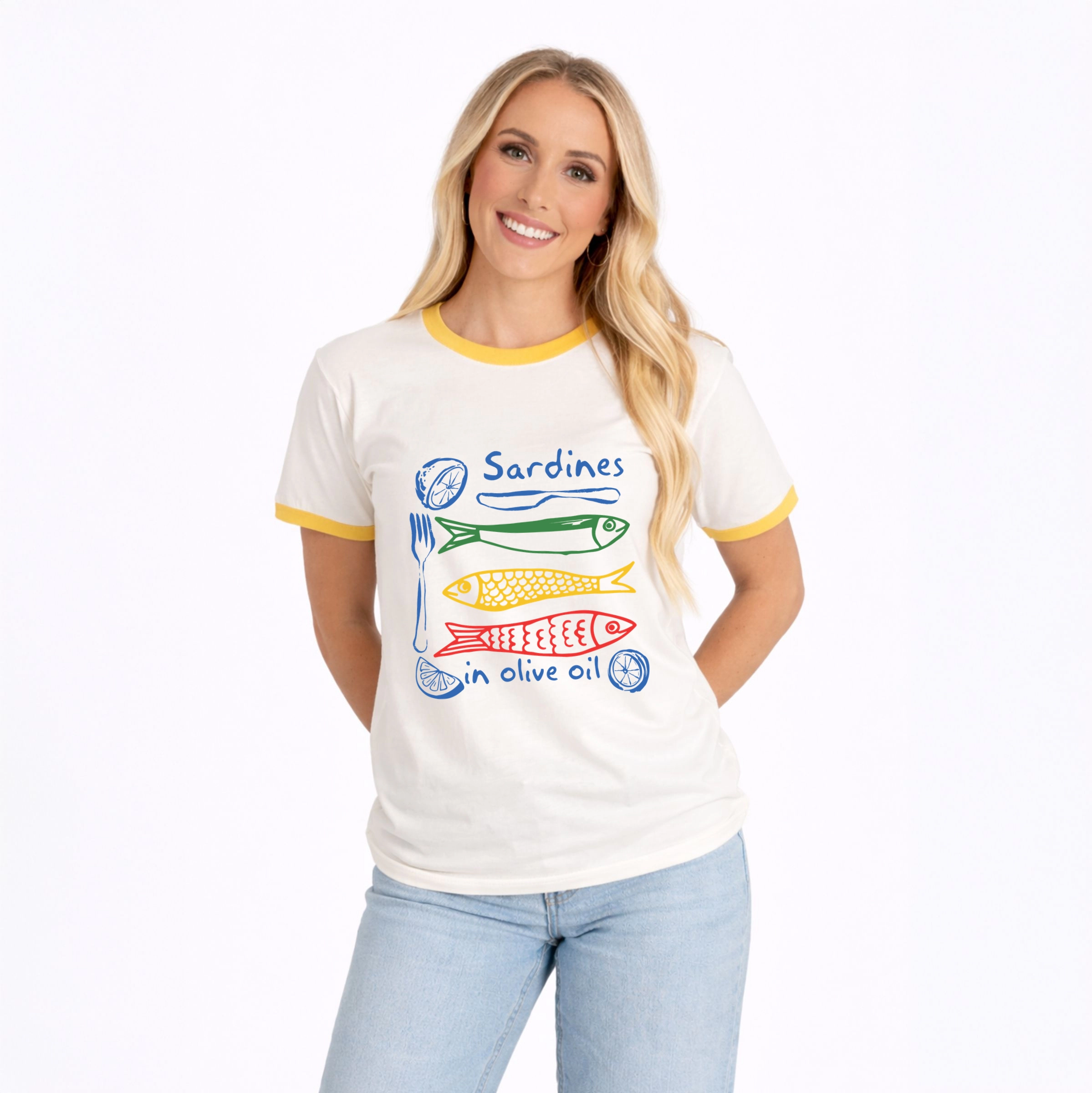 Simply Sage Market - Sardines Olive Oil Outline Women's Ringer Graphic T-Shirt