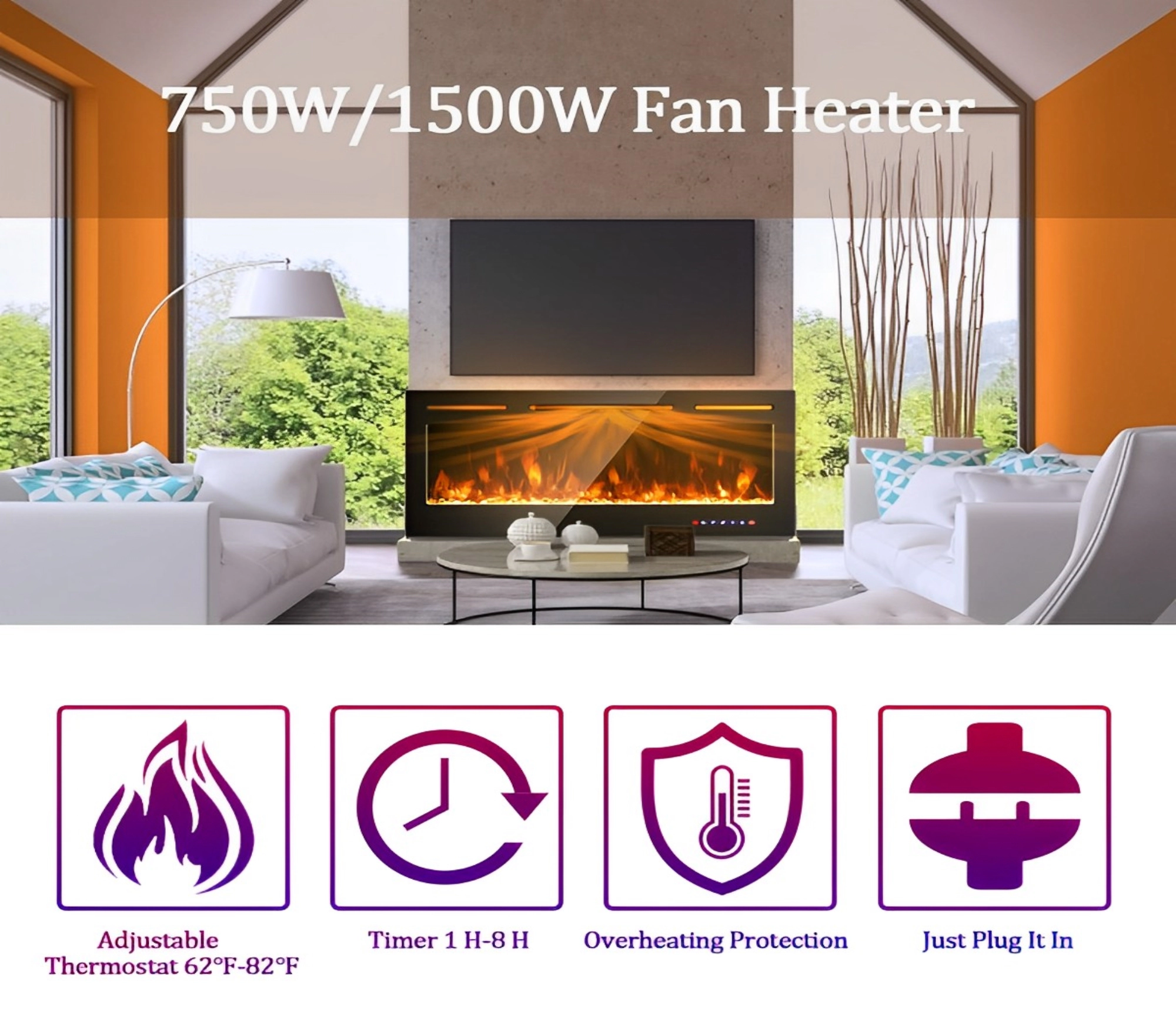 SUGIFT 50-Inch Recessed and Wall-Mounted Electric Fireplace with 9 Flame Colors Black