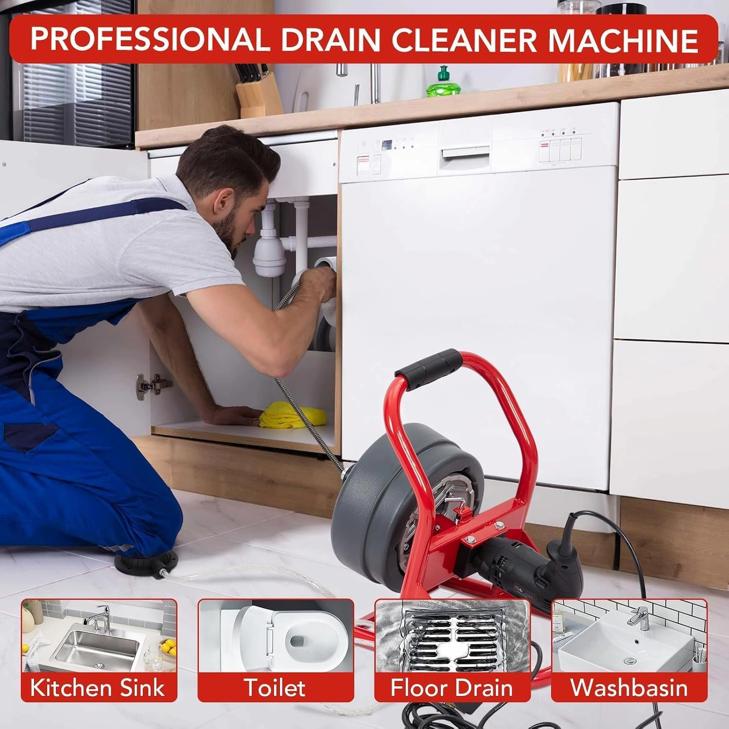 50Ft Electric Drain Cleaner Machine with Foot Switch & 6 Cutters, Sewer Snake for 3/4" to 3" Pipes