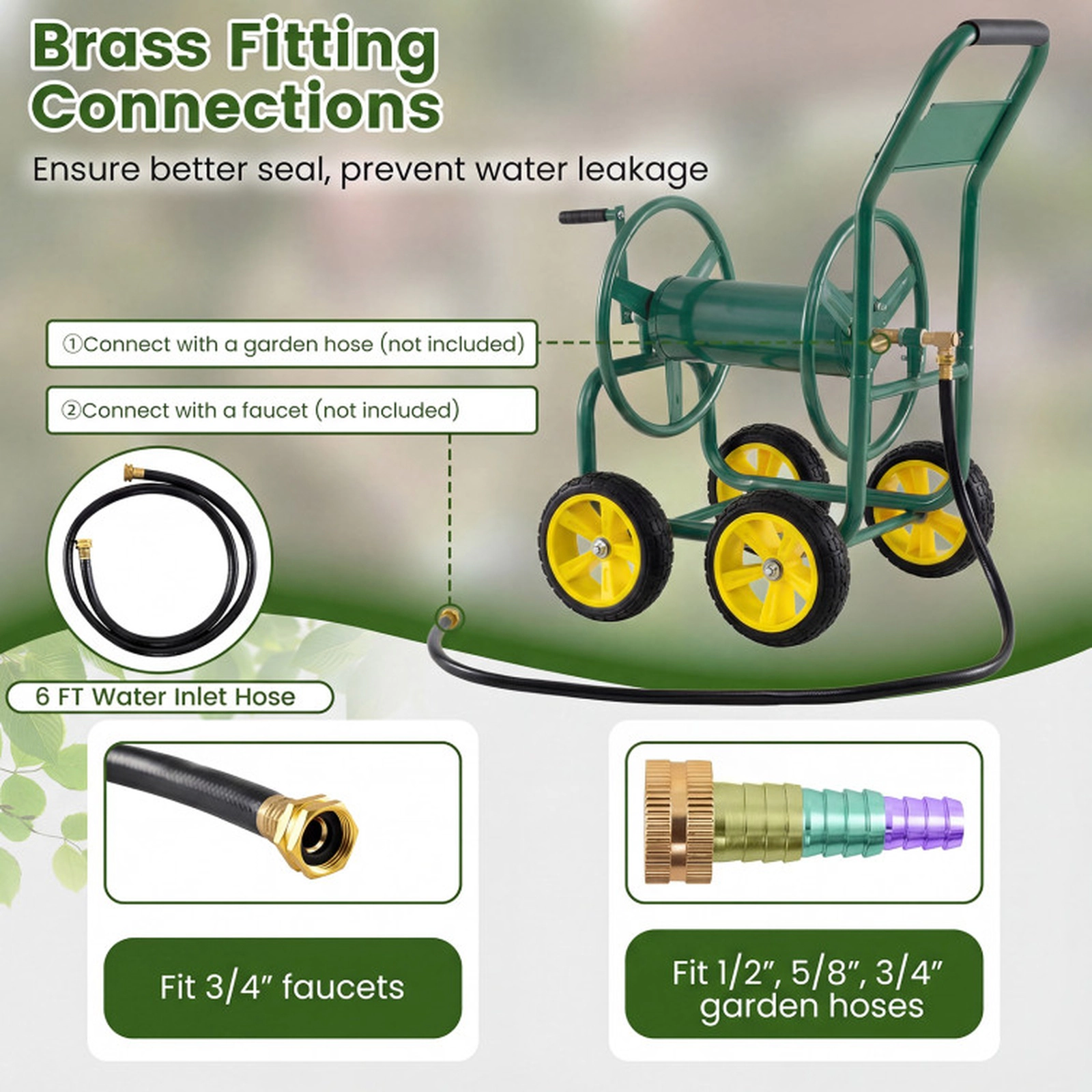 SUGIFT 4-Wheel Garden Water Hose Reel Cart Foam-Padded Handrail 330-ft 5/8-in or 400-ft 1/2-in Hose Capacity Green