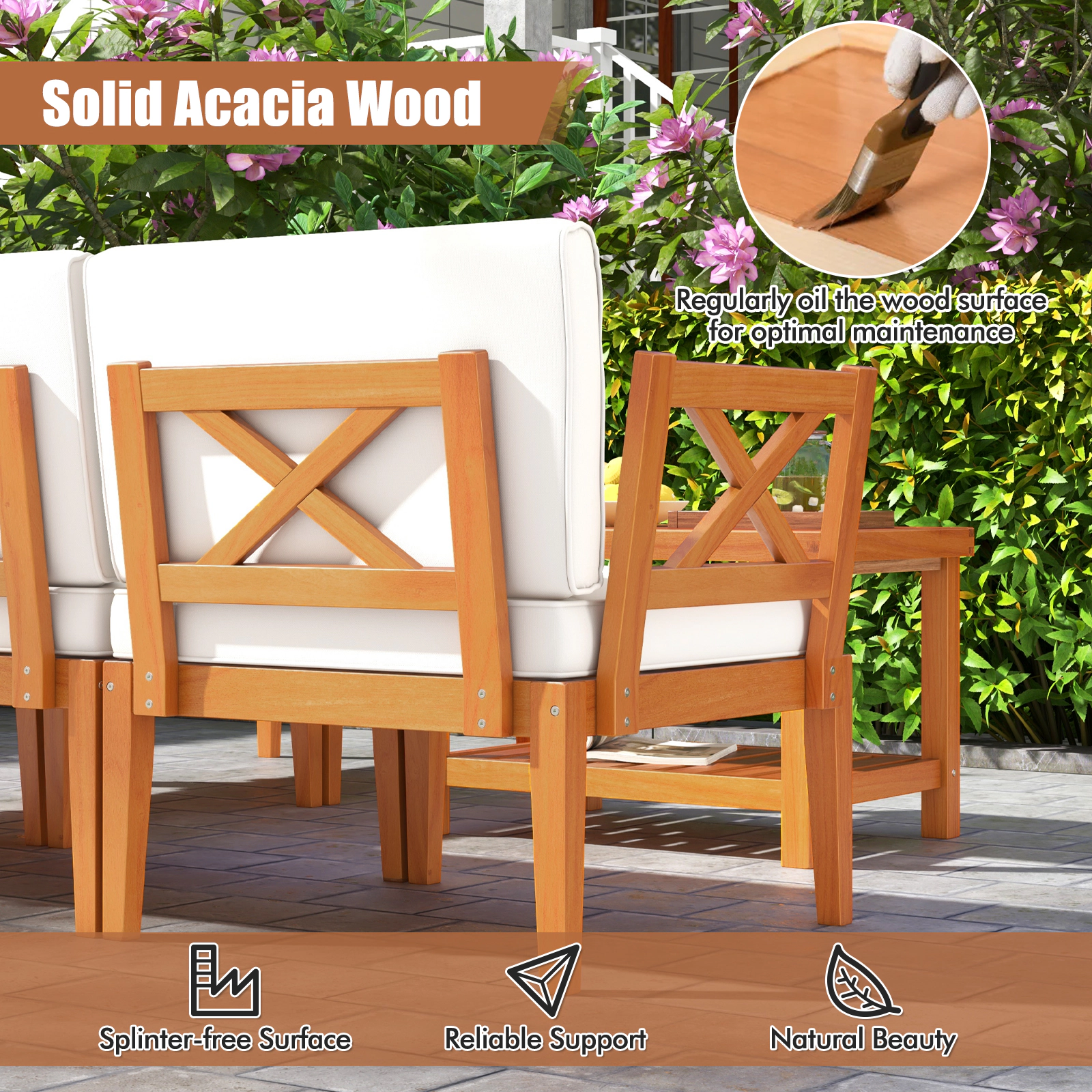 SUGIFT 6-Piece White Acacia Wood Outdoor Sectional Sofa Set with 2-Tier Coffee Table