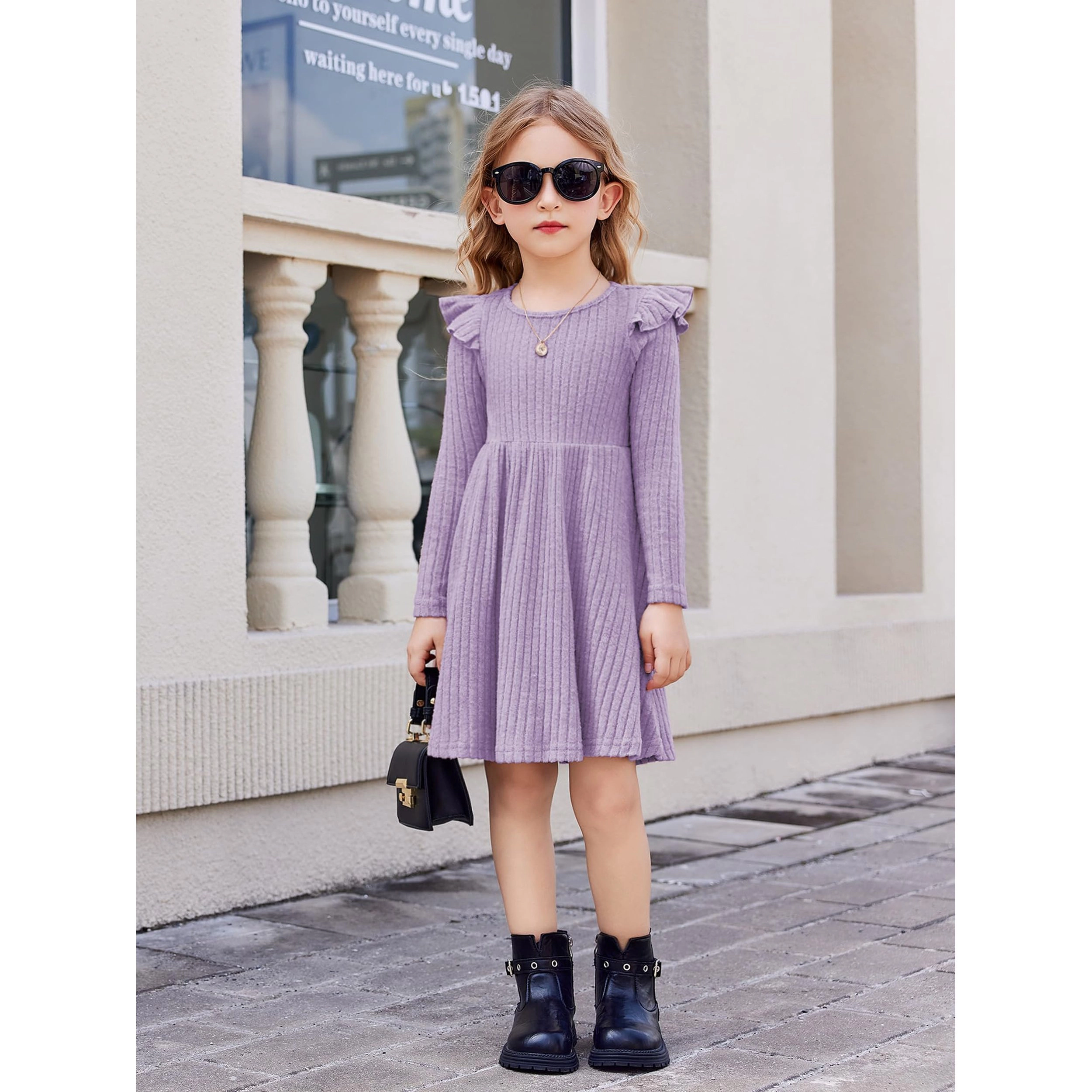 Arshiner Toddler Girl Dress Baby Girls Knitted Ruffle Sleeve Pocket Dresses Aline Flared Fall