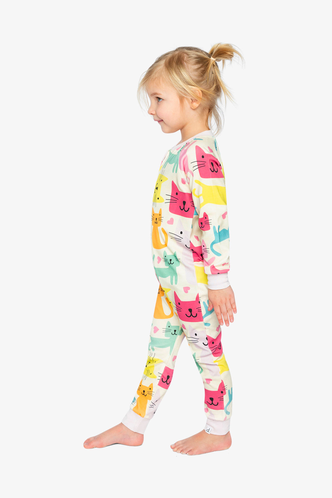 Deux par Girls Organic Cotton Cat Print Front Zip Long Sleeve One Piece Pajama