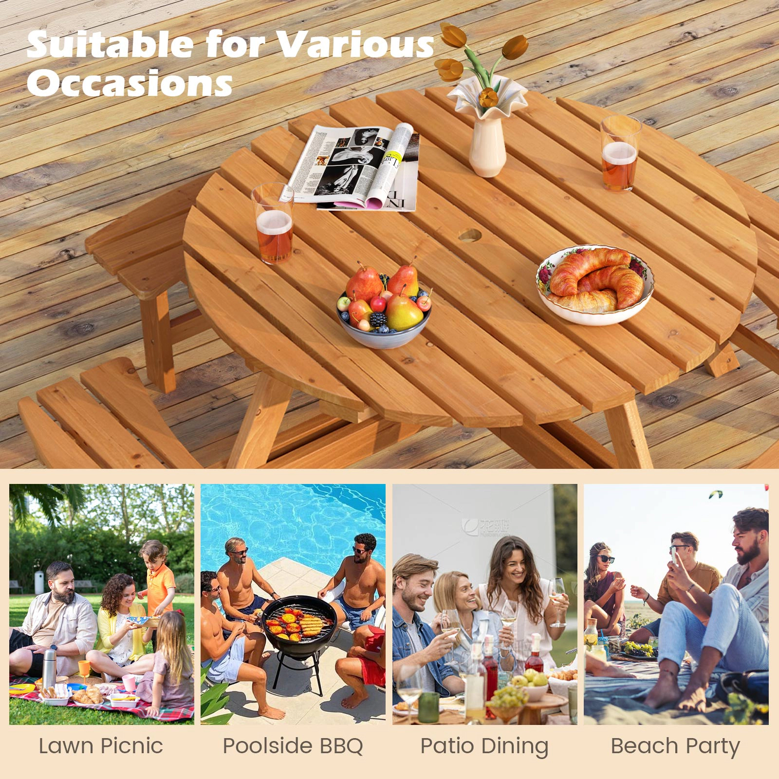 SUGIFT 8-Person Round Fir Wood Picnic Table with 4 Benches and Umbrella Hole