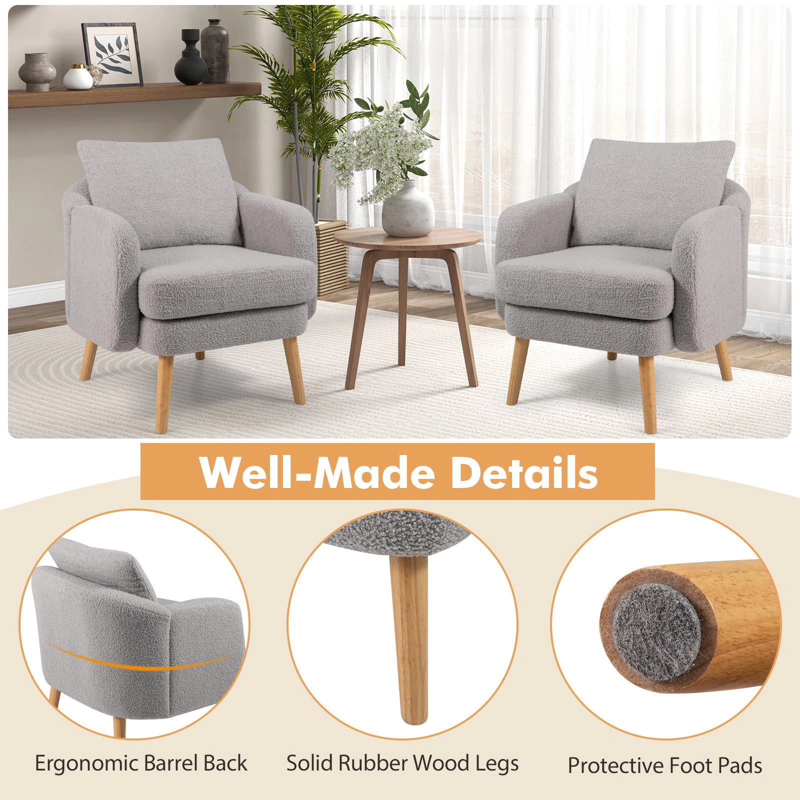 SlickBlue  Upholstered Sherpa Armchair with Pillow & Rubber Wood Legs