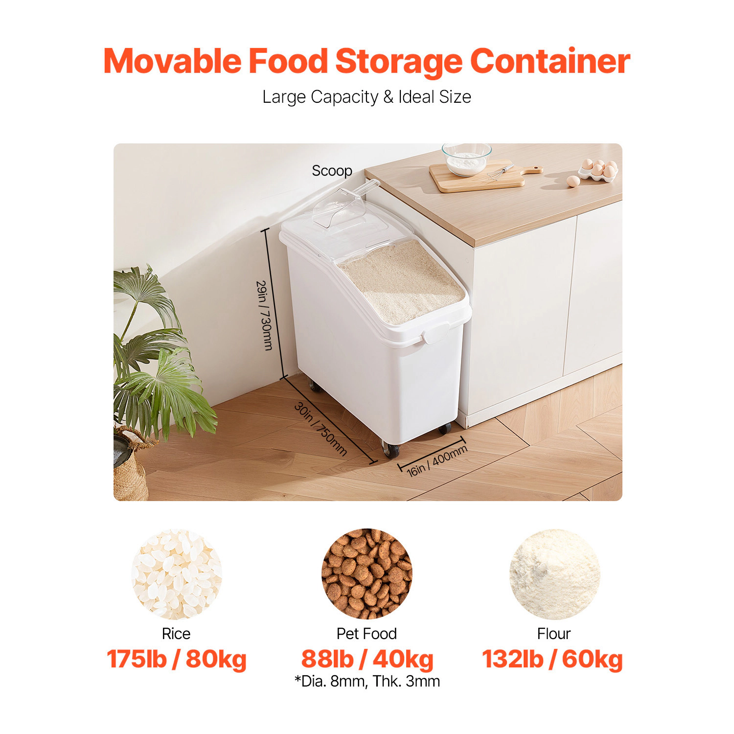 HONGGE 27-Gallon/100L Extra Large Rice Storage Container on Wheels, Airtight Pet Food Dispenser Bin with Scoop