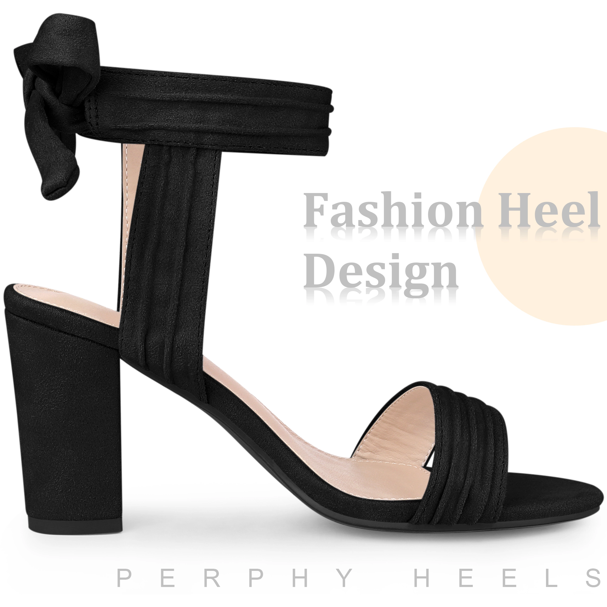 BLISSFUL STEP Women's Open Toe Ankle Tie Back Chunky Heel Sandals