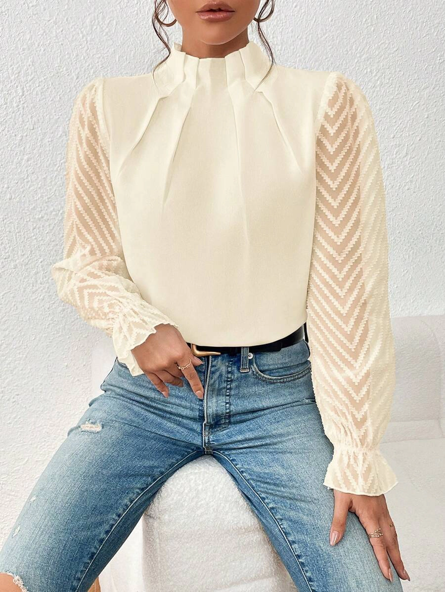 KOJOOIN Women’s Chiffon Shirt Mock Neck Office Dressy Blouses for Work Professional Long Sleeve Top