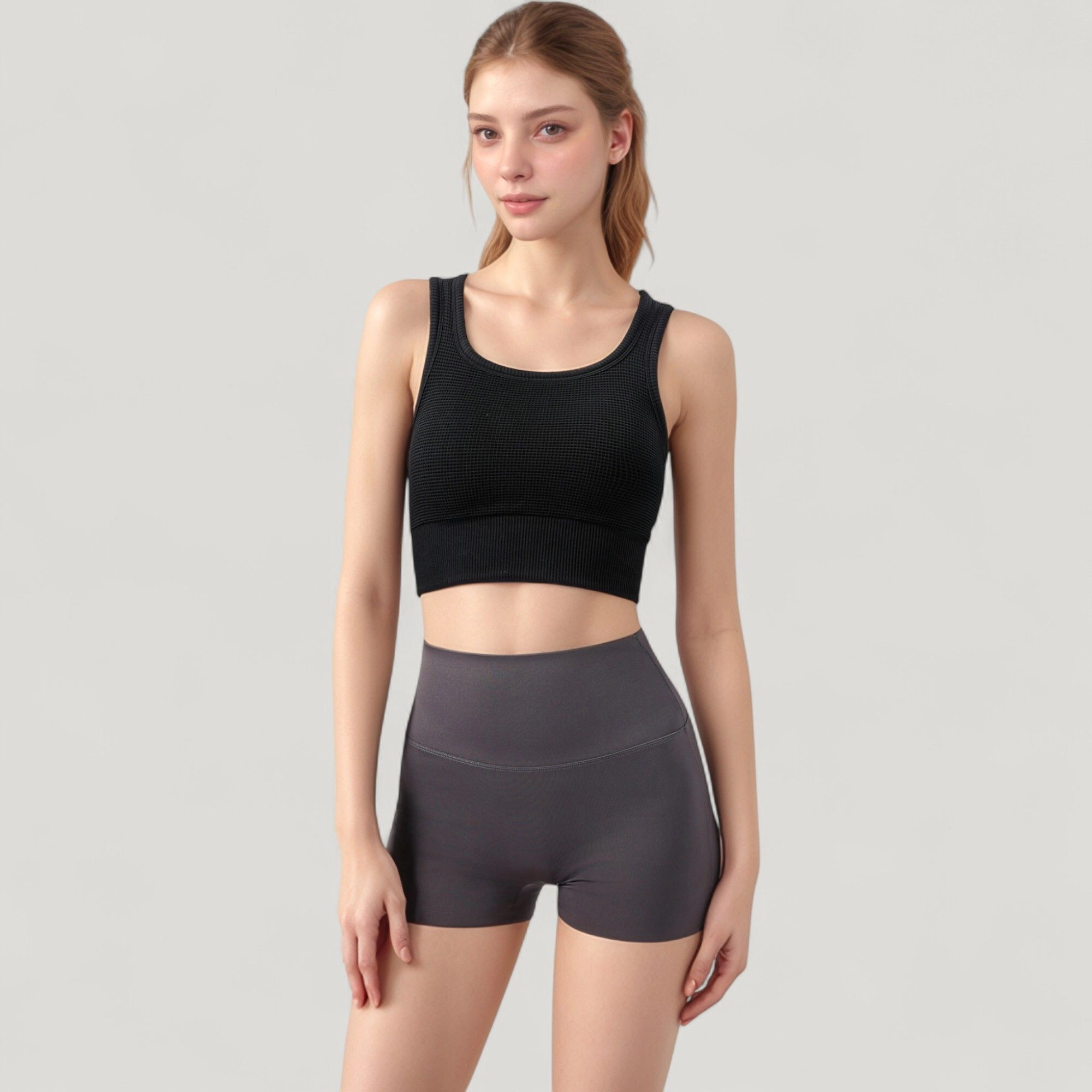 Anna-Kaci Women's Ribbed Seamless Sports Bra with Scoop Neck and Wide Straps