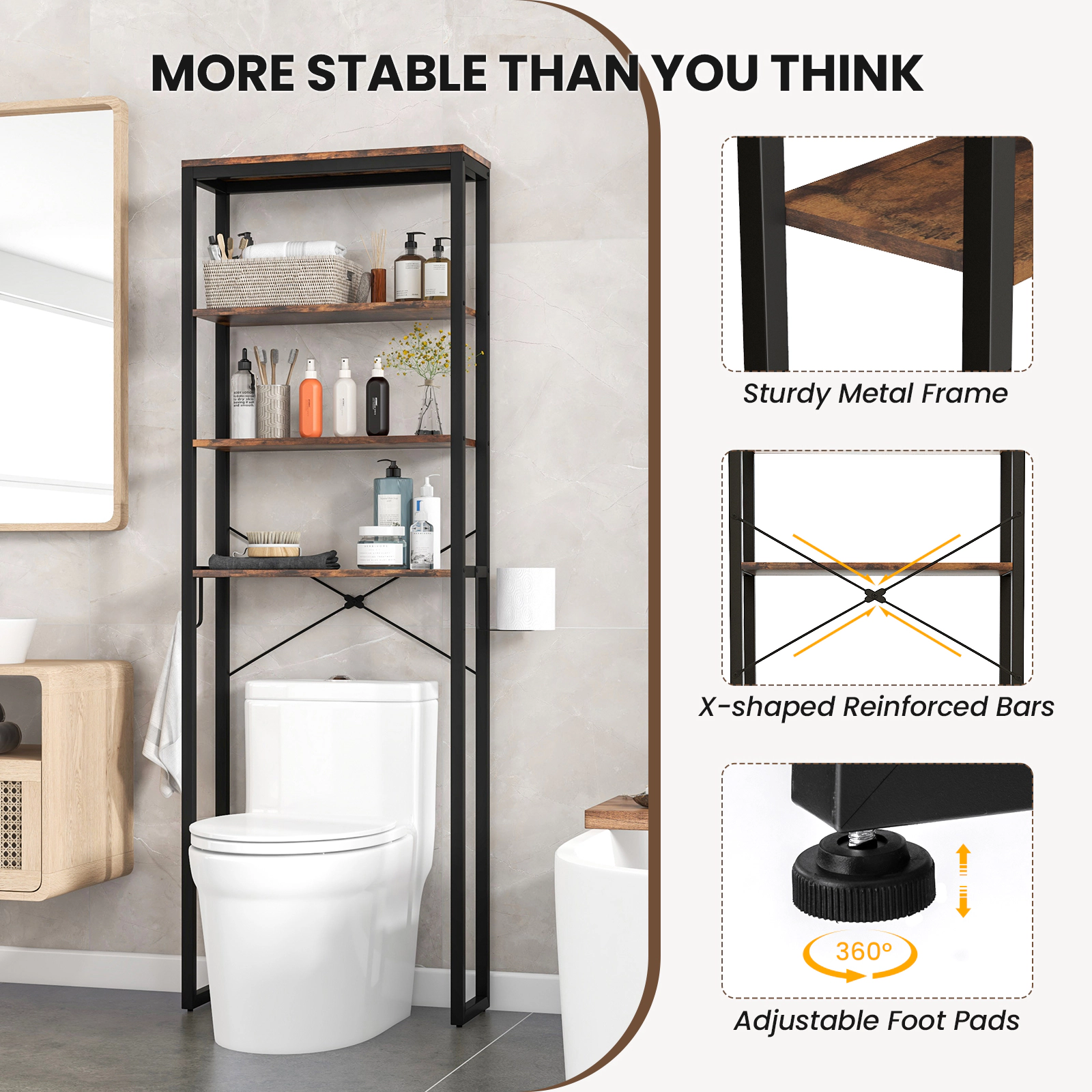 Glintex 4-Tier Over-the-Toilet Rack with Metal Frame and 4 Leveling Feet, Rustic Brown