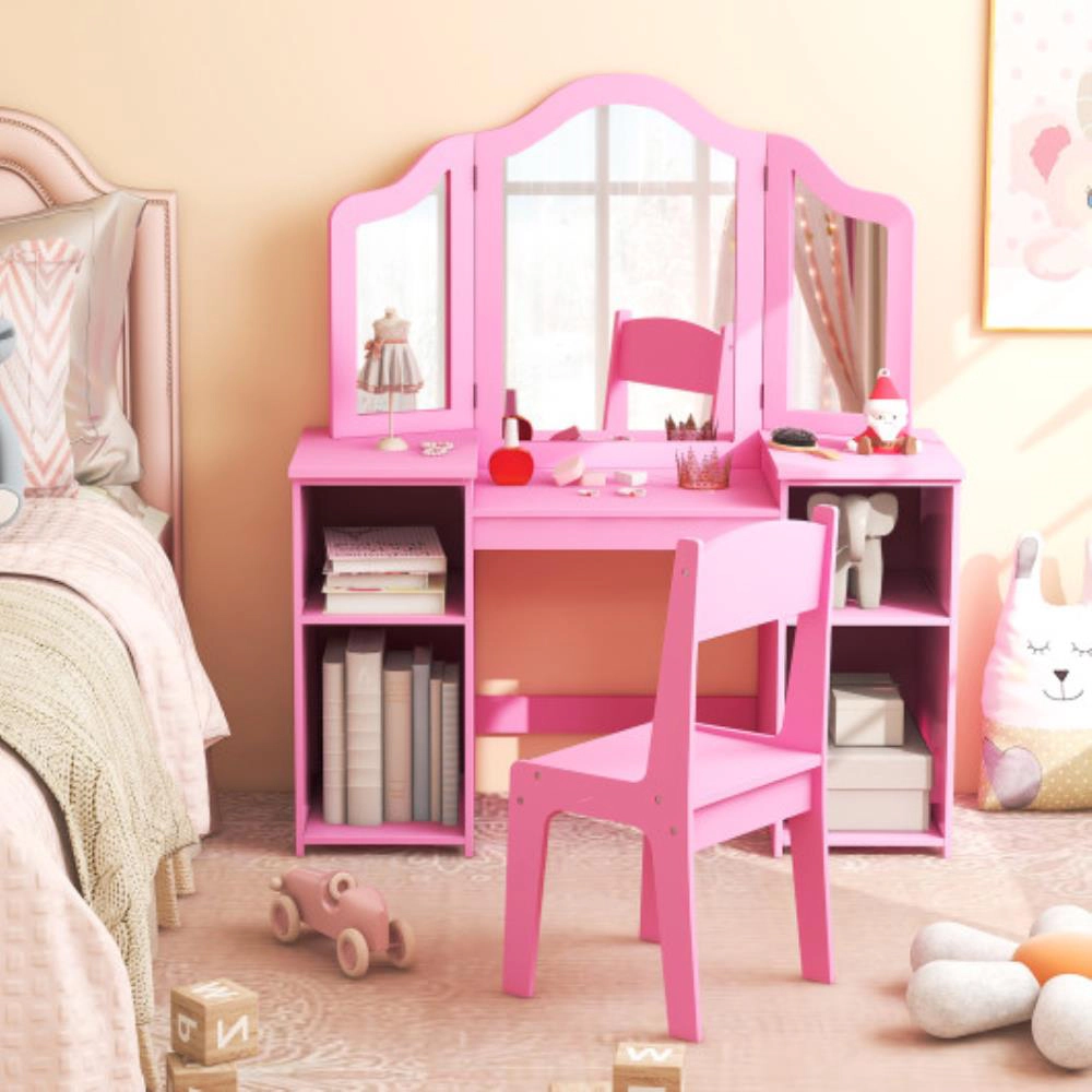 Hivvago Kids Vanity Table And Chair Set With Removable Tri-Folding Mirror